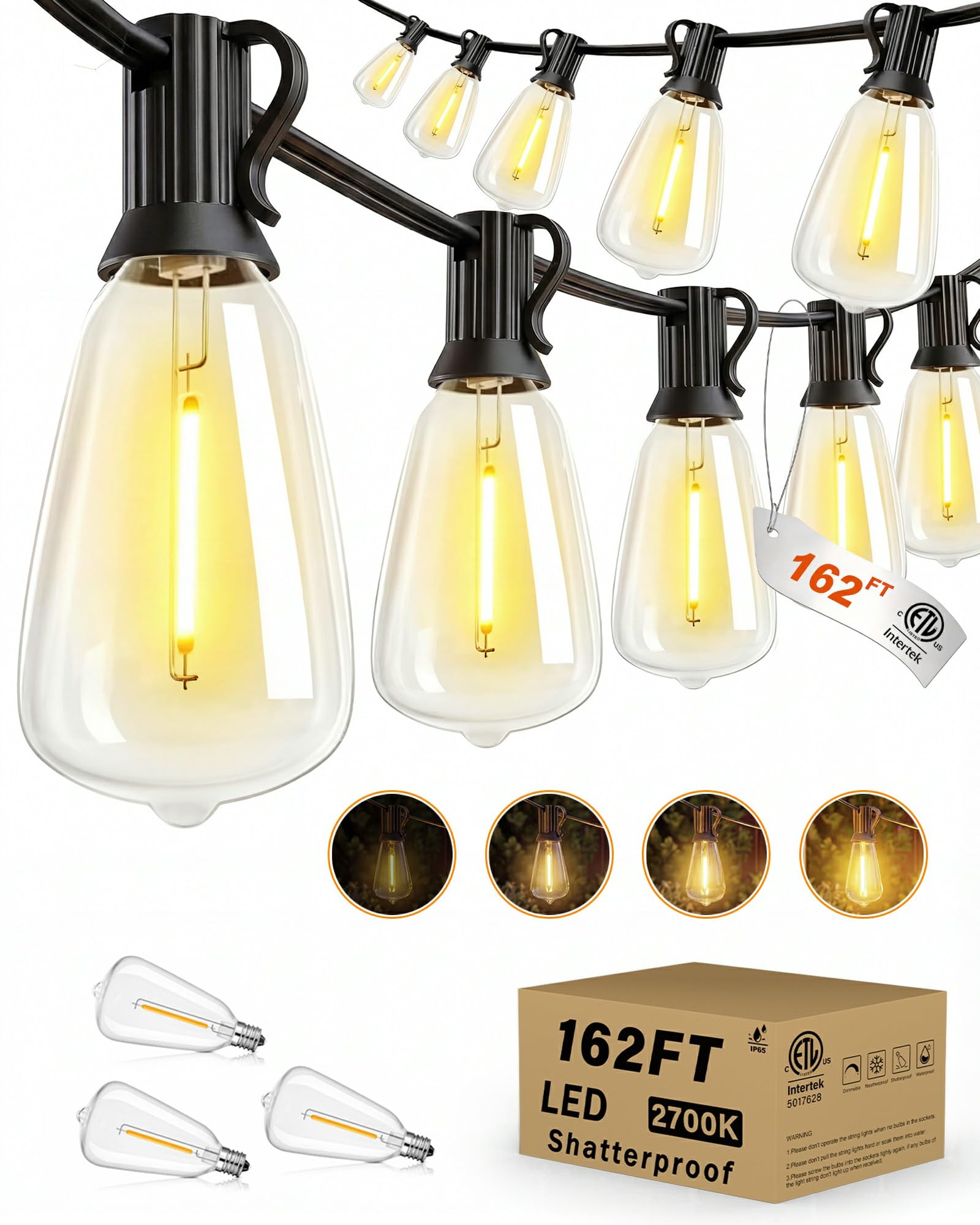 Photo 1 of **FACTORY SEALED**  Pesken 162FT Patio Lights Outdoor, 2700K Dimmable Outdoor String Lights Waterproof with 72+3 Shatterproof Bulbs, Connectable ST38 LED Outside Lights for Backyard, Balcony, Gazebo, Garden Decor