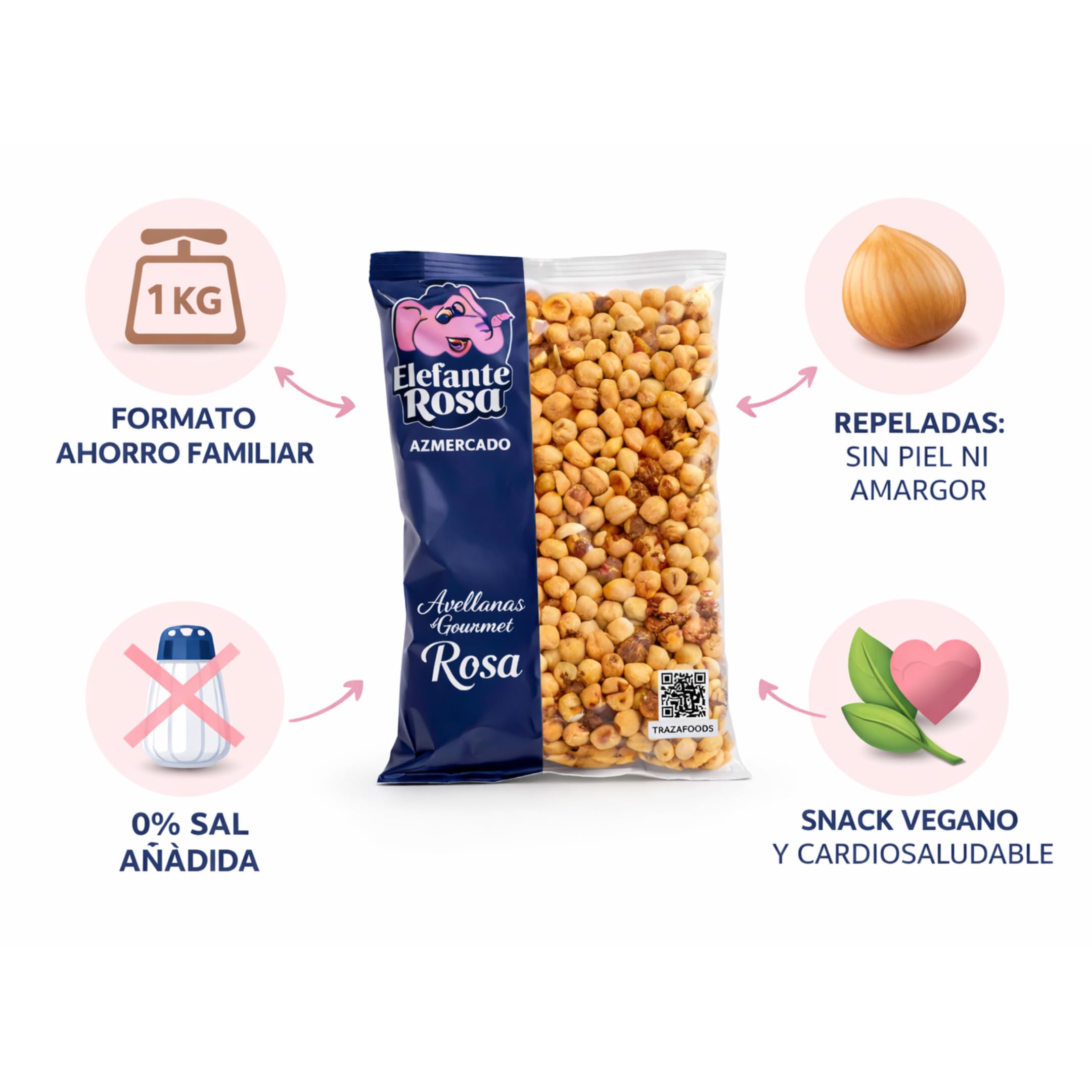 Elefante Rosa® Avellanas Tostadas Naturales 1kg | Cultivadas en Andalucía | Crujientes Sin Sal Sin Aditivos | Para Repostería, Cremas Caseras y Snack Natural | Keto Veganas