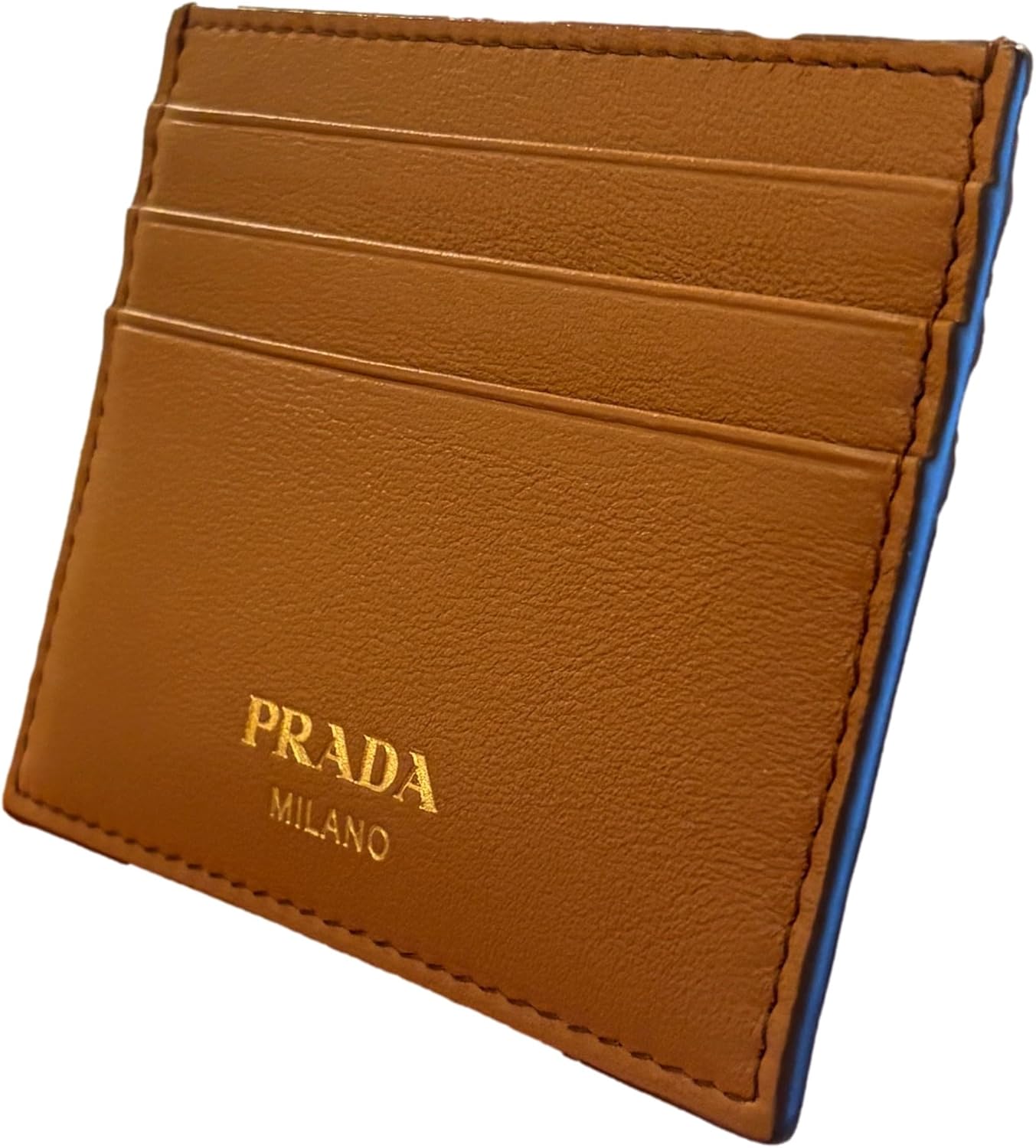 Prada Womens Caramel Soft Grain Leather Gold Embossed Logo Small Card Holder Wallet 2MC025 New