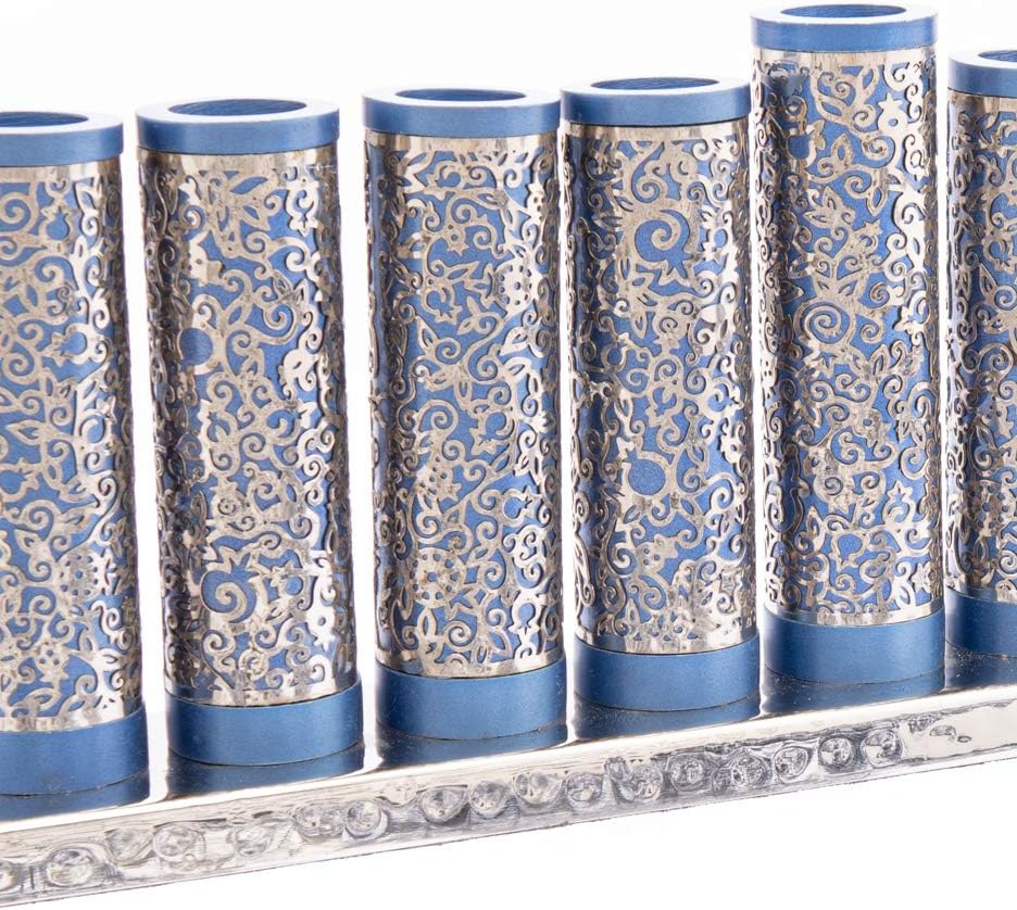 Yair Emanuel Menorah Candle Holder | Blue and Silver Anodized Aluminum Hanukiah with Ornate Details | Jewish Gifts (HAA-2)