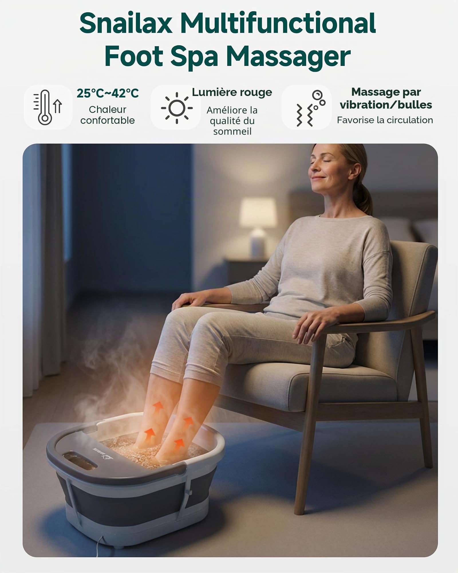 Snailax Bain de Pieds Massant Chauffant, Bain de Pieds Électrique Pliable avec Bulles et Massage Vibrant, Température Réglable de 25 à 42°C, Spa pour les Pieds, Cadeau pour Femme et Homme