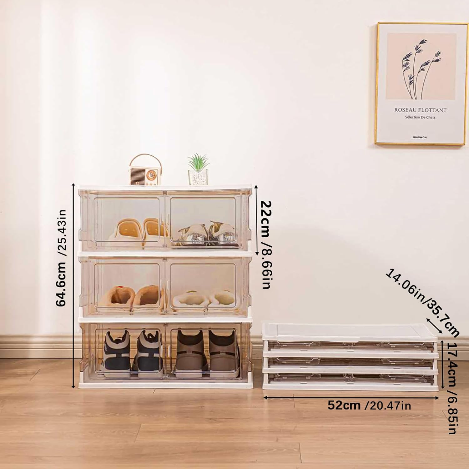3-Pack Premium Amber Clear PET Shoe Boxes, XL Foldable Sneaker Display & Storage Organizer, Magnetic Door, Double Capacity Fits 2 Pairs Up to Men’s US Size 14, Stackable for Closet Bedroom Entryway