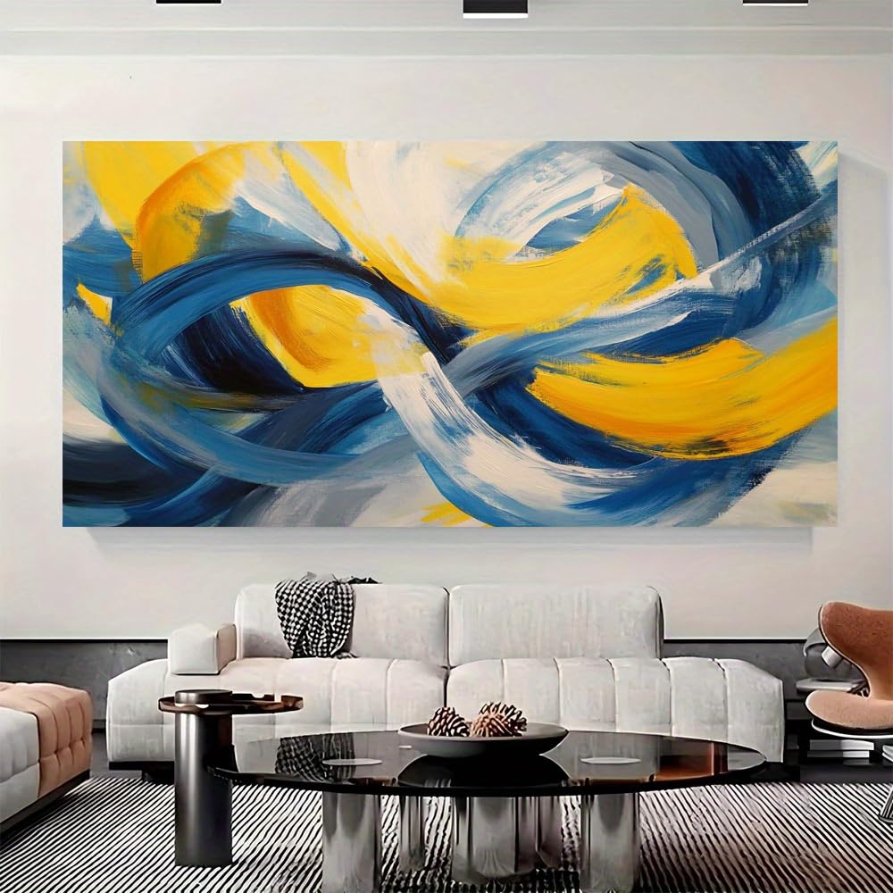 IHHGNB Large Modern Abstract Canvas Poster Navy Blue Mustard Yellow White Black Painting Artwork for Living Room Home Wall Decor(50x100cm(20x39in)/No frame)