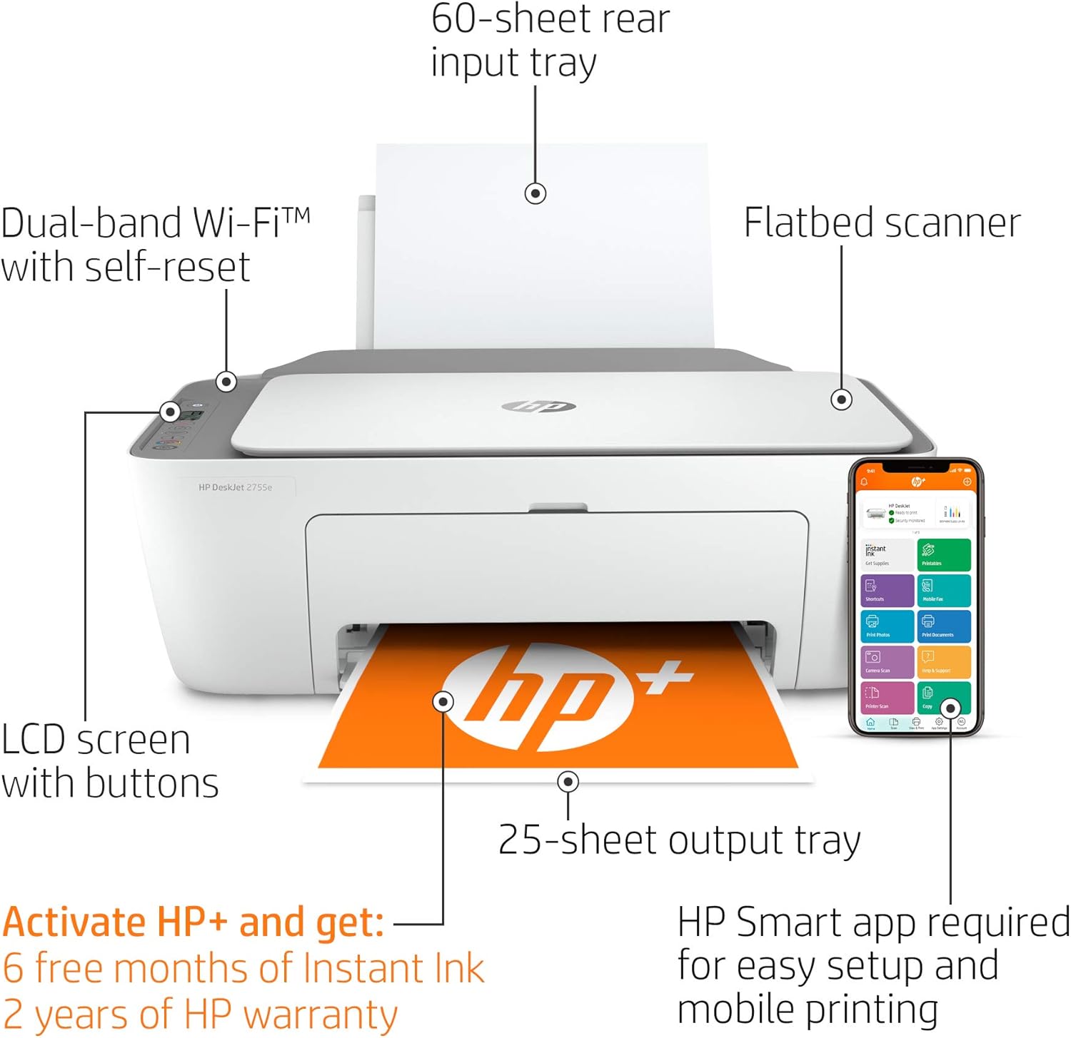 HP DeskJet 2755e Wireless Color All-in-One Printer with bonus 6 free months Instant Ink with HP+ (26K67A) : Office Products