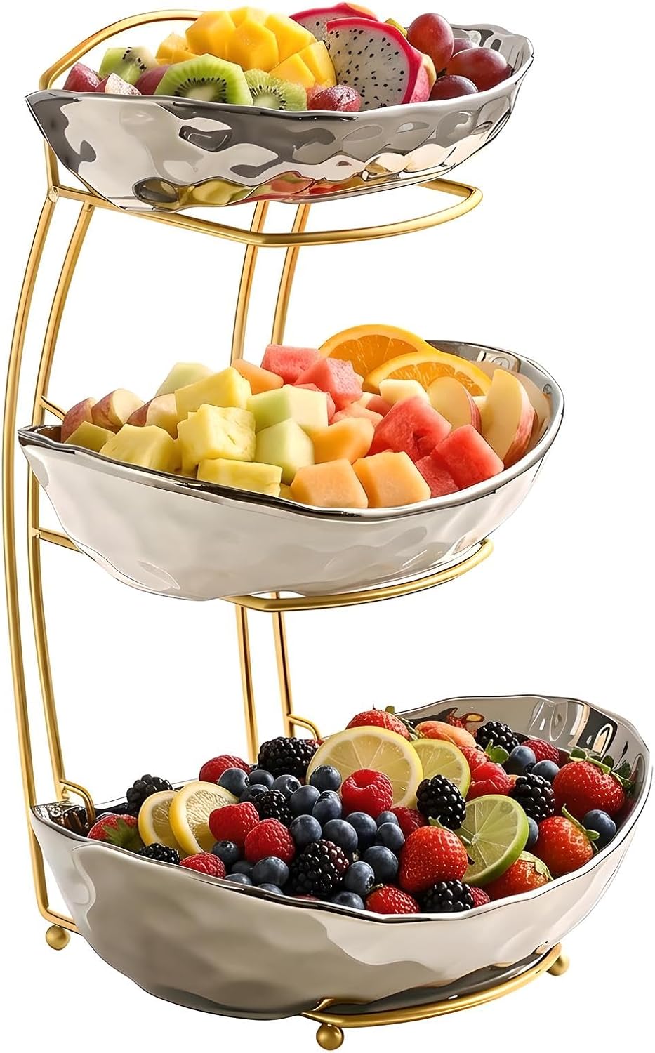 XUDREZ 2 Tier/ 3 Tier Fruit Bowl with Metal Stand for Kitchen Counter, Ceramic Gold Silver, Portable Tiered Fruit Basket Fruit Rack for Nuts, Snacks, Bread, Candy Storage (Silver, 3 Tier)