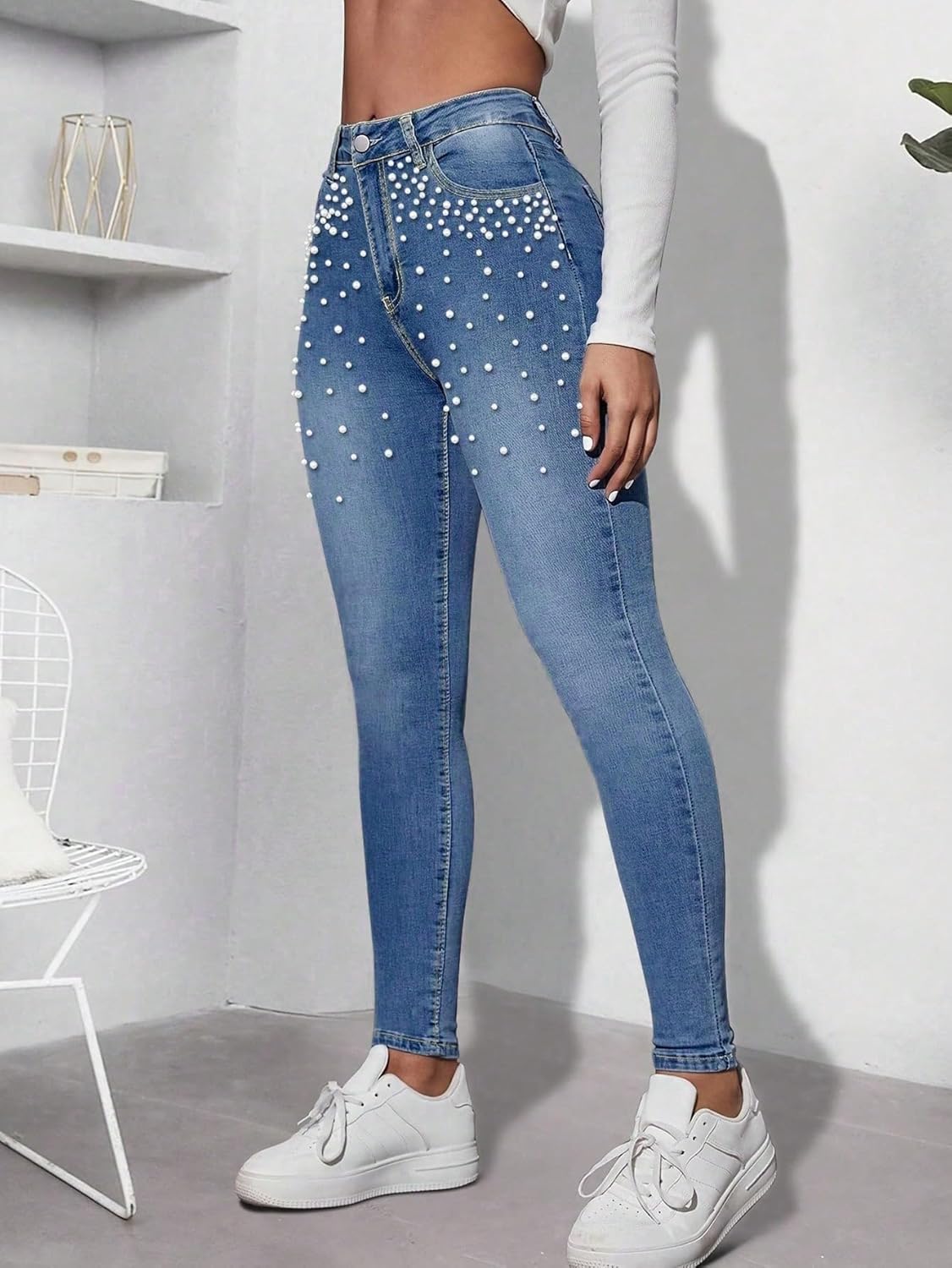Women's Skinny Jeans Chic Pearl Decorated Stretch Casual Embellished Fashion Statement Denim Pants - Image 5