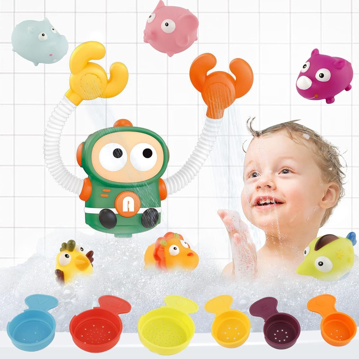AMERTEER Baby Bath Toys for Toddlers 1-3, Bath Shower Toy with Flexible Spray, Robot Bathtub Water Spray Toy, Suction Cup Bath Toy Set with 5 Interchangeable Spray Heads | Bathroom Toys for Boys Girls