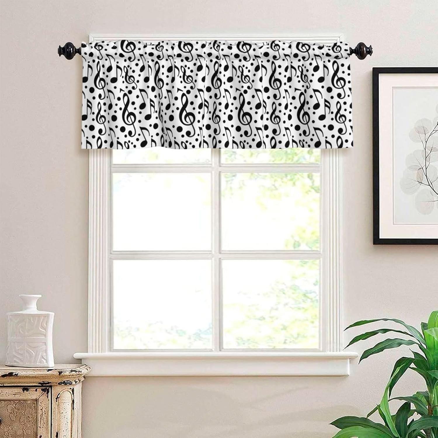 Valance for Windows Black Treble Clefs Dots Decorative Rod Pocket Kitchen Curtain Valances Short Window Valance Curtains for Living Room Bedroom Bathroom 1 Panel 54x18Inch