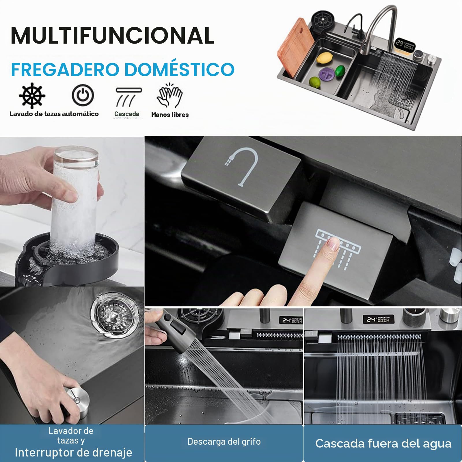 Fregadero Cocina Negro Multifuncional, Fregadero Cocina en Acero Inoxidable, Fregadero Bajo o Sobre Encimera Con grifo extraíble/dispensador de jabón/flujo de agua en cascada (A, 68x45cm)