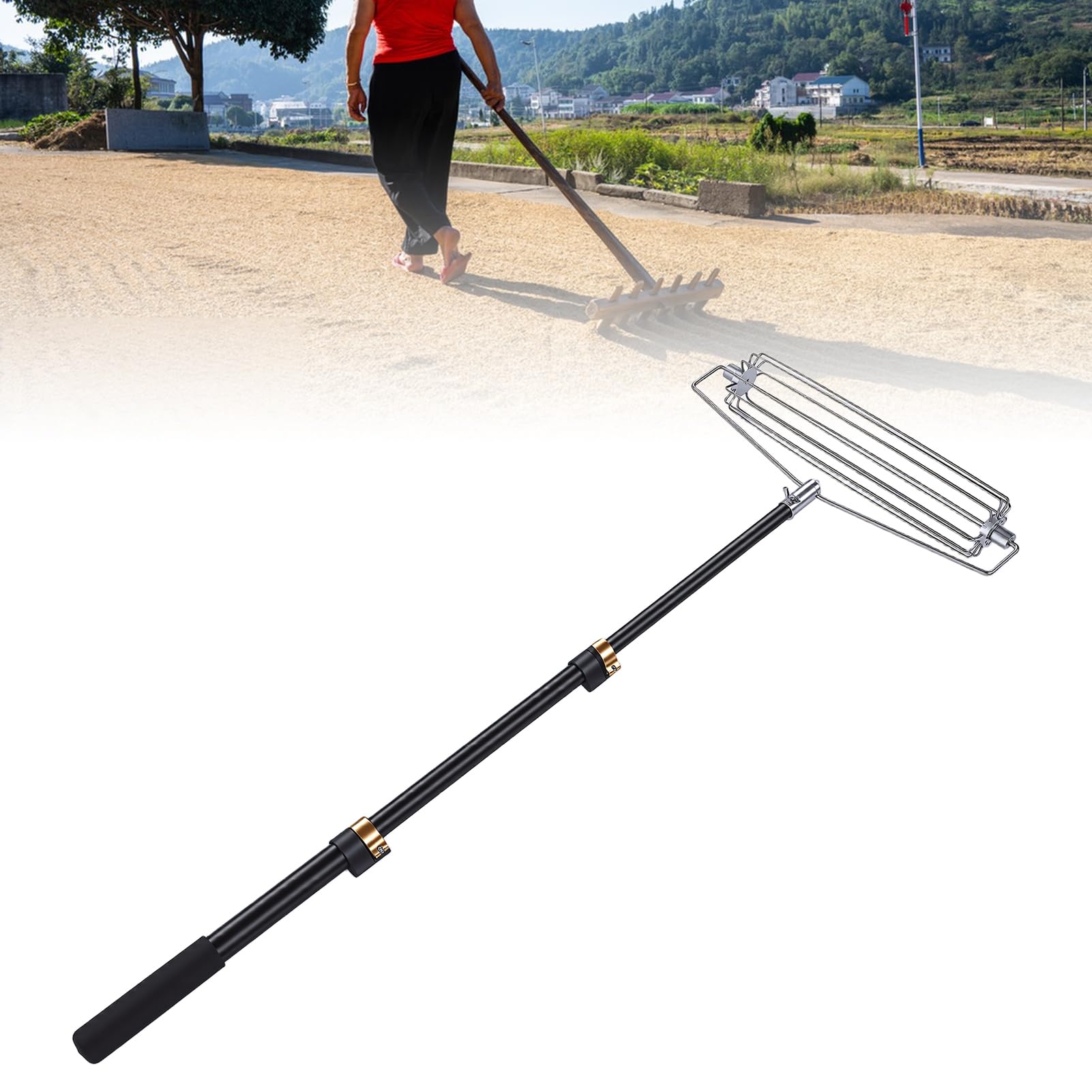 Ausla Rastrillo de Trampa de , Rastrillo de Salto Largo de Acero Inoxidable 304 con Poste de Aluminio Ajustable, Ideal para Mantenimiento de Campos Deportivos y de Playa