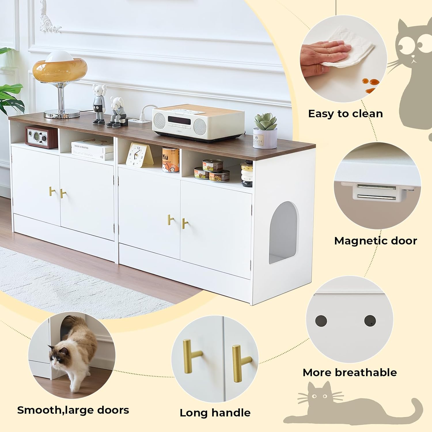 Double Cat Litter Box Enclosure for 2 Cats, 63" Wooden Hidden Cat Litter Box Furniture with Power Outlet, Sliding Bottom Easy Clean, Cat House TV Stand, Walnut