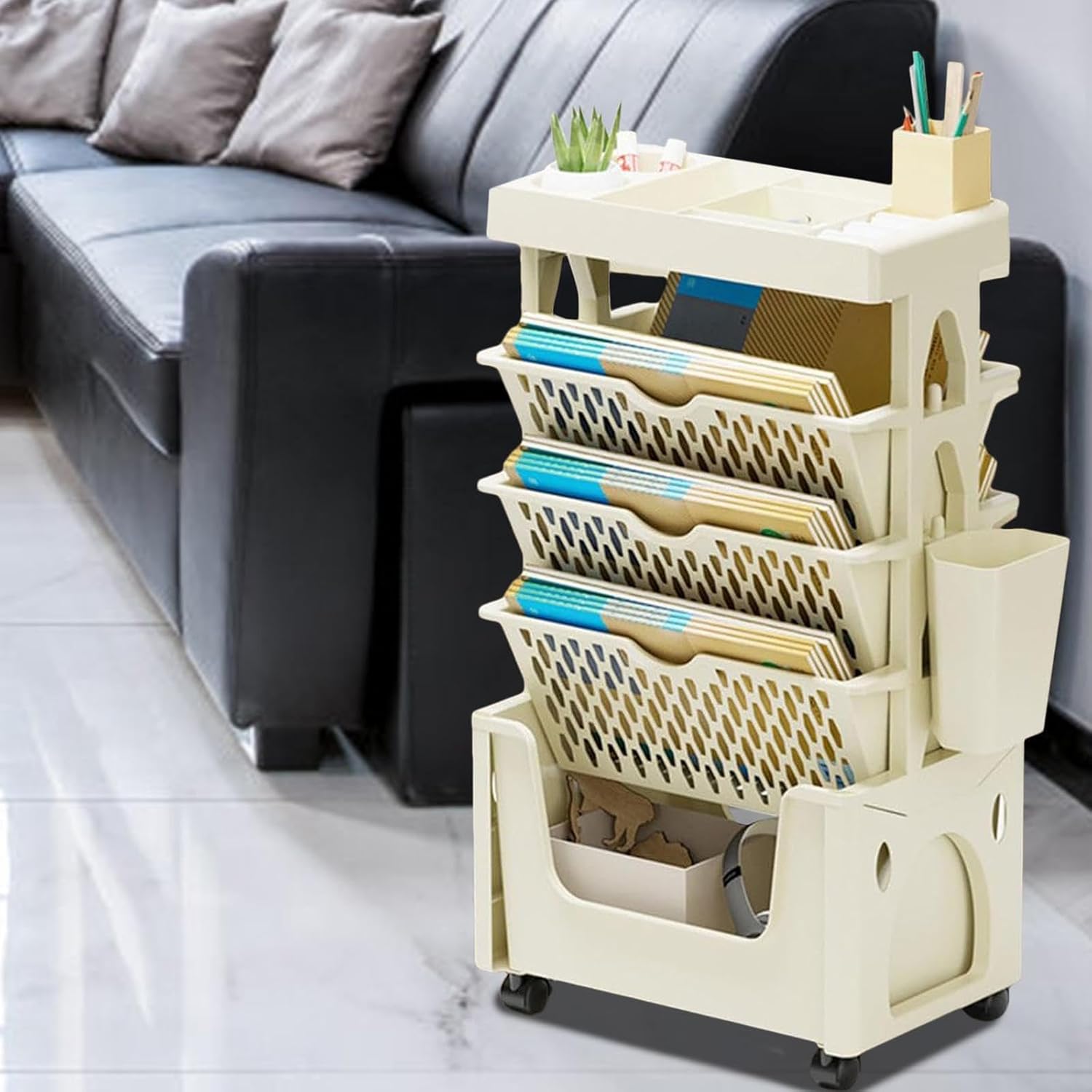 Book cartRolling File cart with lid, 5 Tier Mobile Bookshelf cart Storage Shelves Rolling Utility cart for Office, Dorm, Classroom, Nursery,Pink