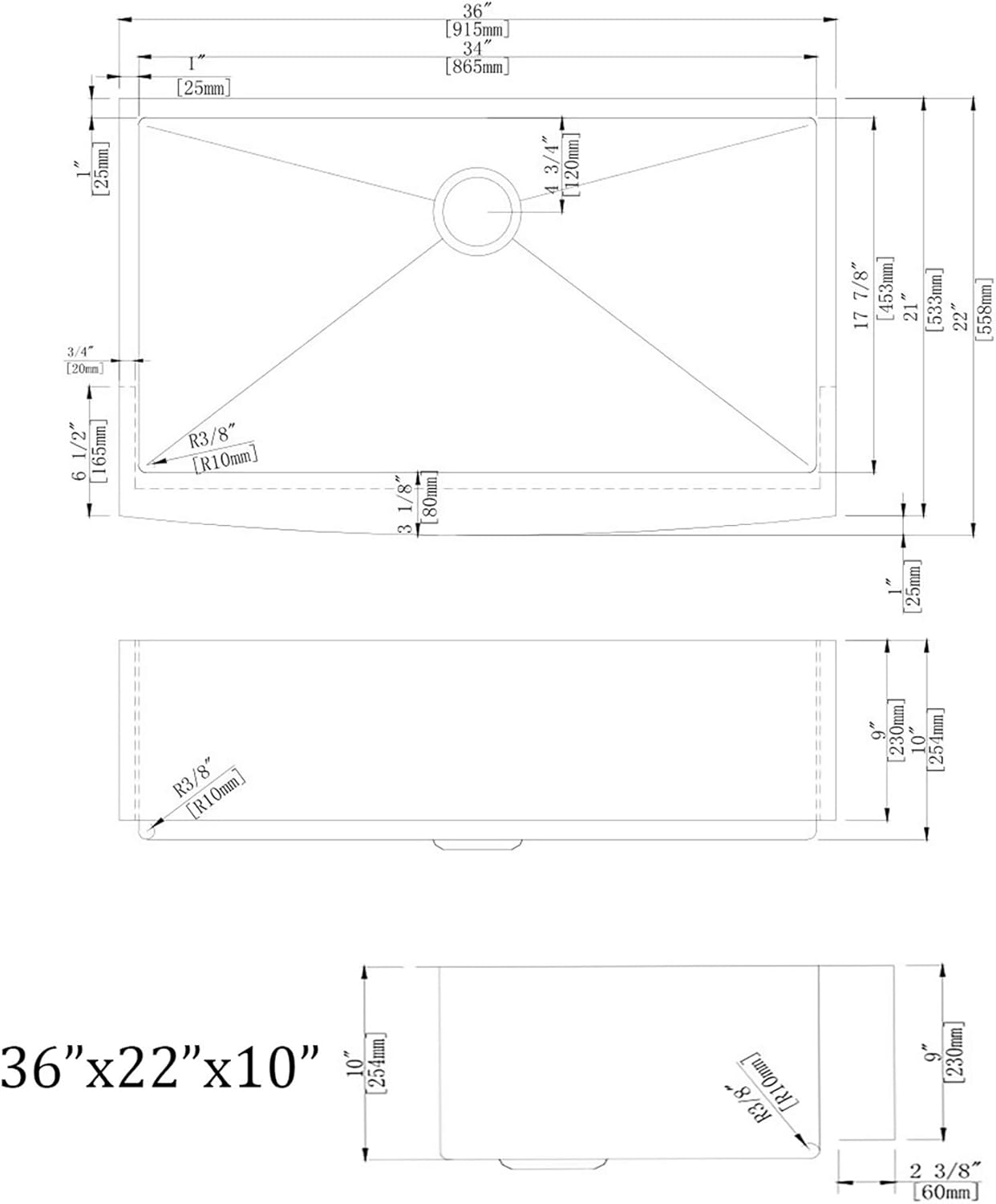 Empava 36 in. W x 22 in. L Farmhouse Apron Front Single Bowl Undermount Kitchen Sink in Stainless Steel, SAS3622