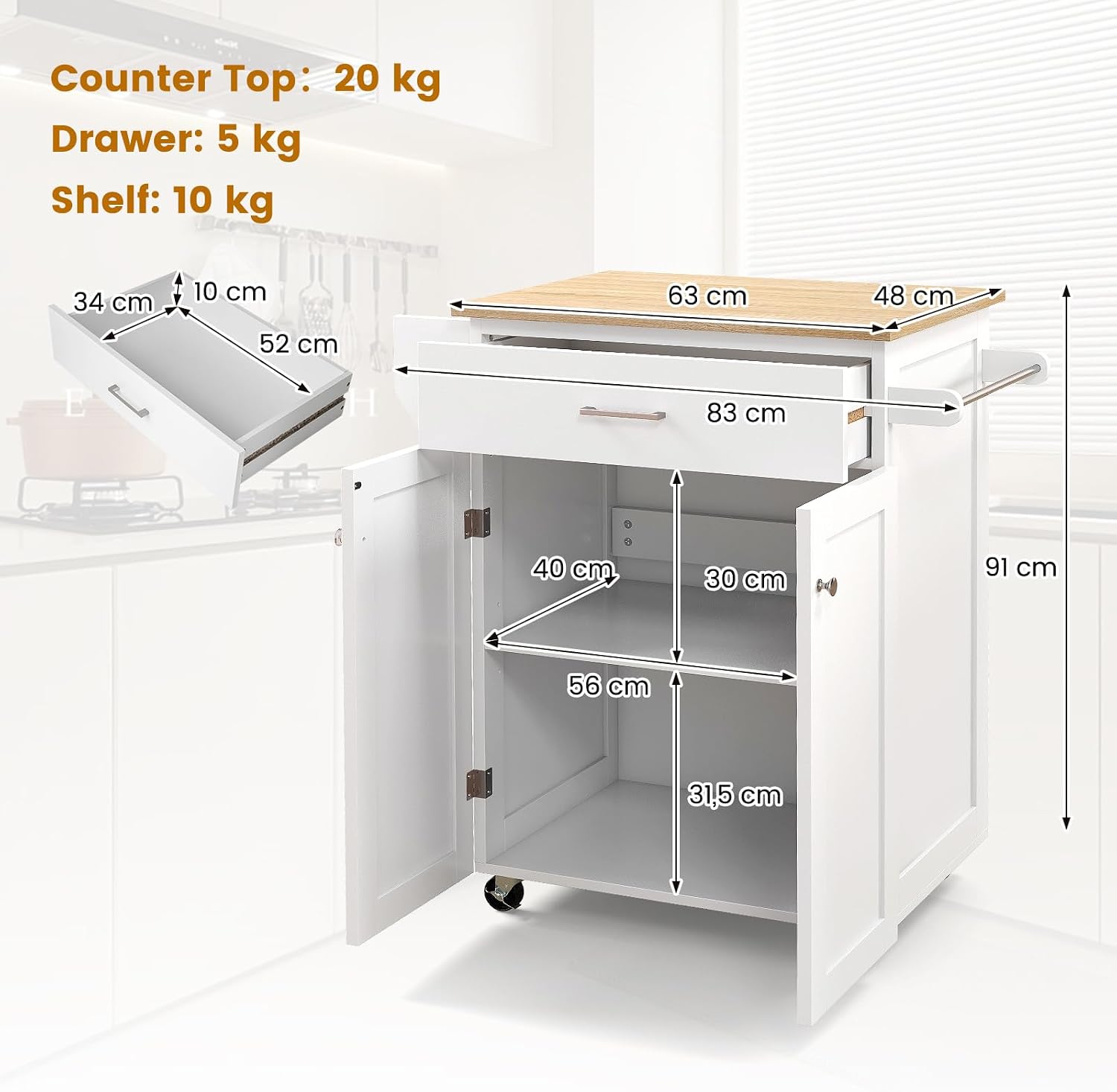 GIANTEX Kitchen Trolley with Worktop, Serving Trolley with Wheels, Kitchen Cabinet with Drawer & Adjustable Shelf, Trolley Kitchen with Towel Holder, Mobile Kitchen Island, Kitchen Trolley Wood 83 x