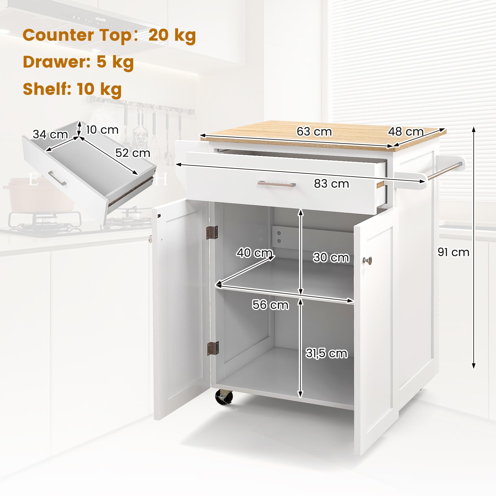 GIANTEX Carrello da cucina con piano di lavoro, carrello da portata con ruote, armadio da cucina con cassetto e ripiano regolabile, carrello da cucina con portasciugamani, mobile da cucina, in legno