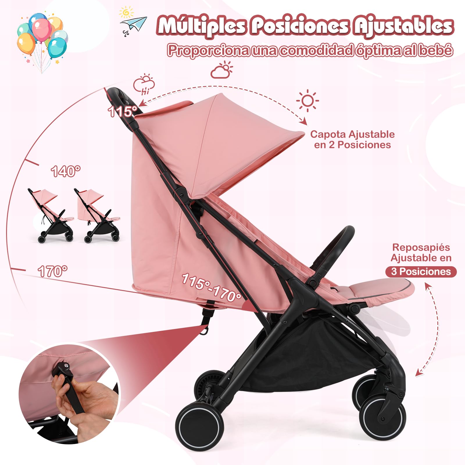 GOPLUS Cochecito Plegable para Niños, Cochecito con Respaldo Reclinado, Diseño Portátil y Compacto, con Estructura Metálica y Freno de Pie, para Niños Pequeños de 0-3 Años (Rosa)
