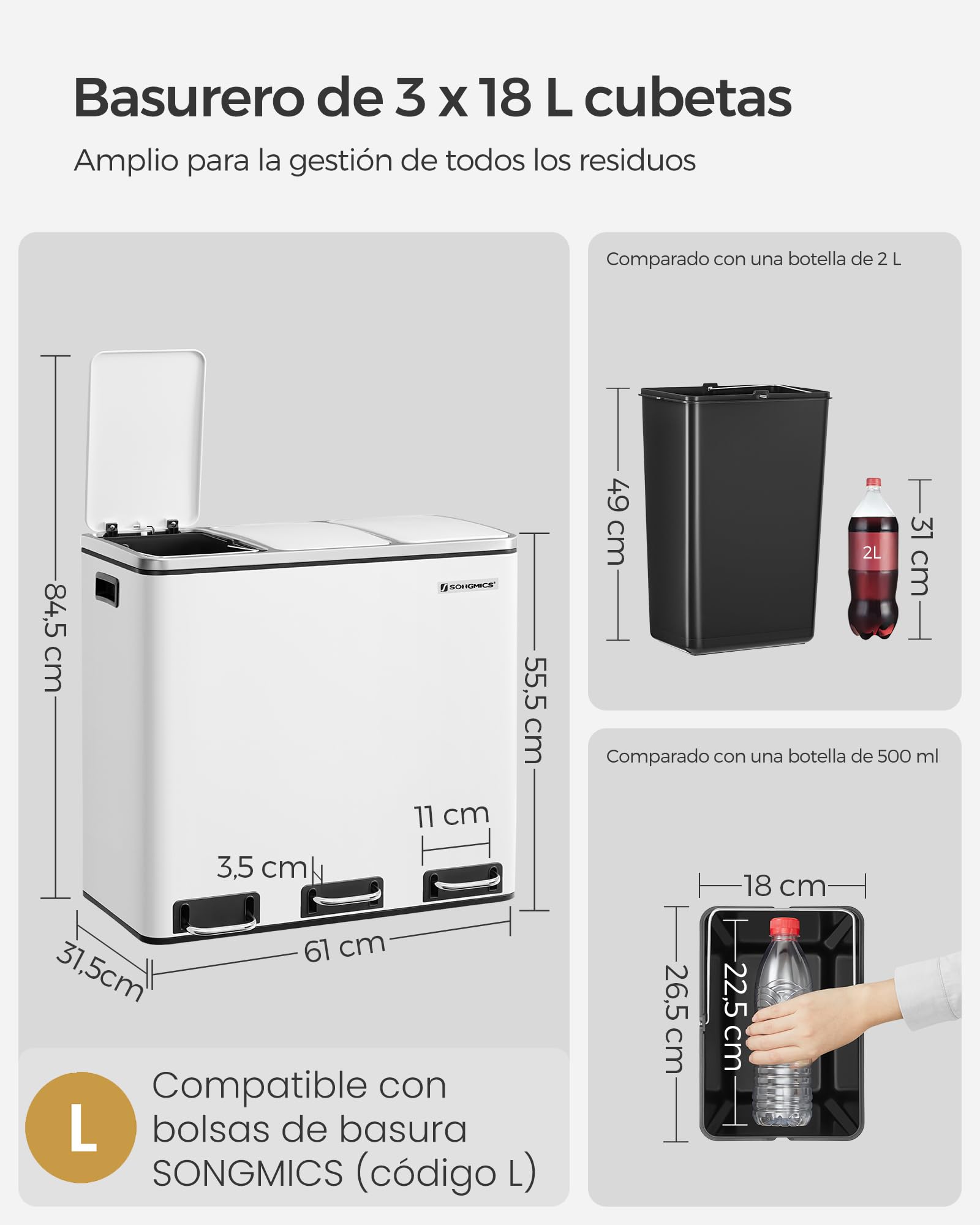 SONGMICS Cubo de Basura para Cocina, 3 x 18 L, 3 Compartimentos para Reciclaje, 15 Bolsas, Restos de Comida, Tapas de Cierre suave, Pedales, Cubetas, Acero, Blanco Nube LTB54WT