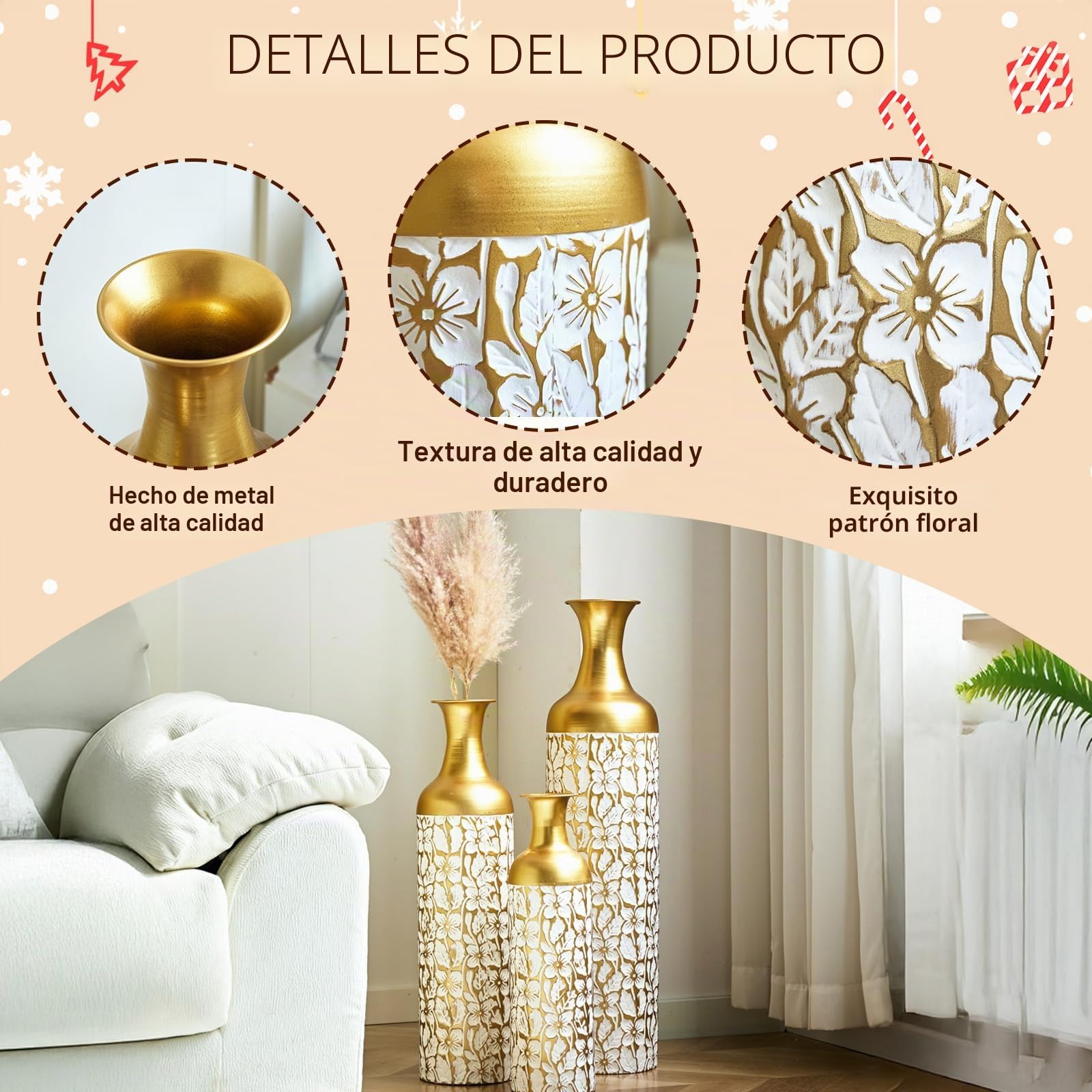 Juego de 3 jarrones de suelo de metal decorativos altos de 83/65/50 cm para hierba de Pampas, flores secas y decoración moderna de salón, pasillo y dormitorio, jarrones grandes con diseño atemporal