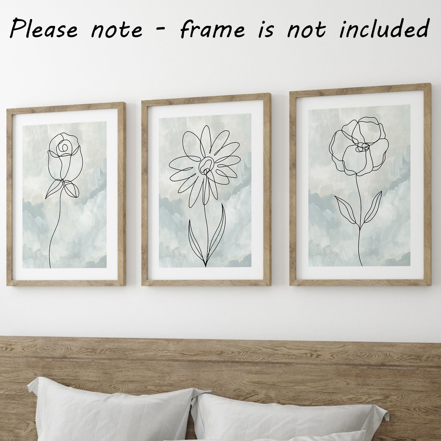 Green Flower Botanical Line Art Set of 3 Unframed Prints, Minimalist Abstract Wall Art Decor, Rose Sunflower Poppy Flowers - Image 2