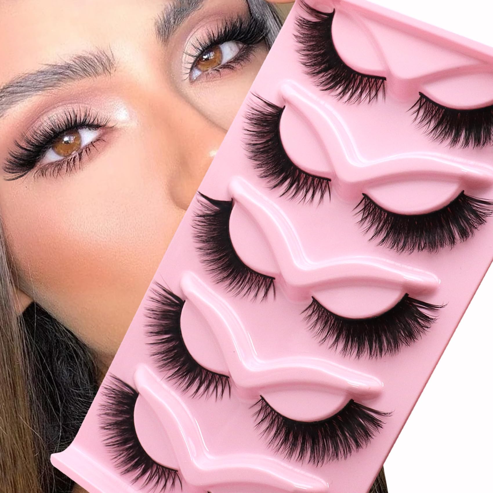 Cat Eye Lashes Fox False Eyelashes Natural Look Gorgeous Faux Mink Lashes Wispy & Lightweight Eyelashes for Doll Eye Makeup 5 Pairs Pack (Charming)