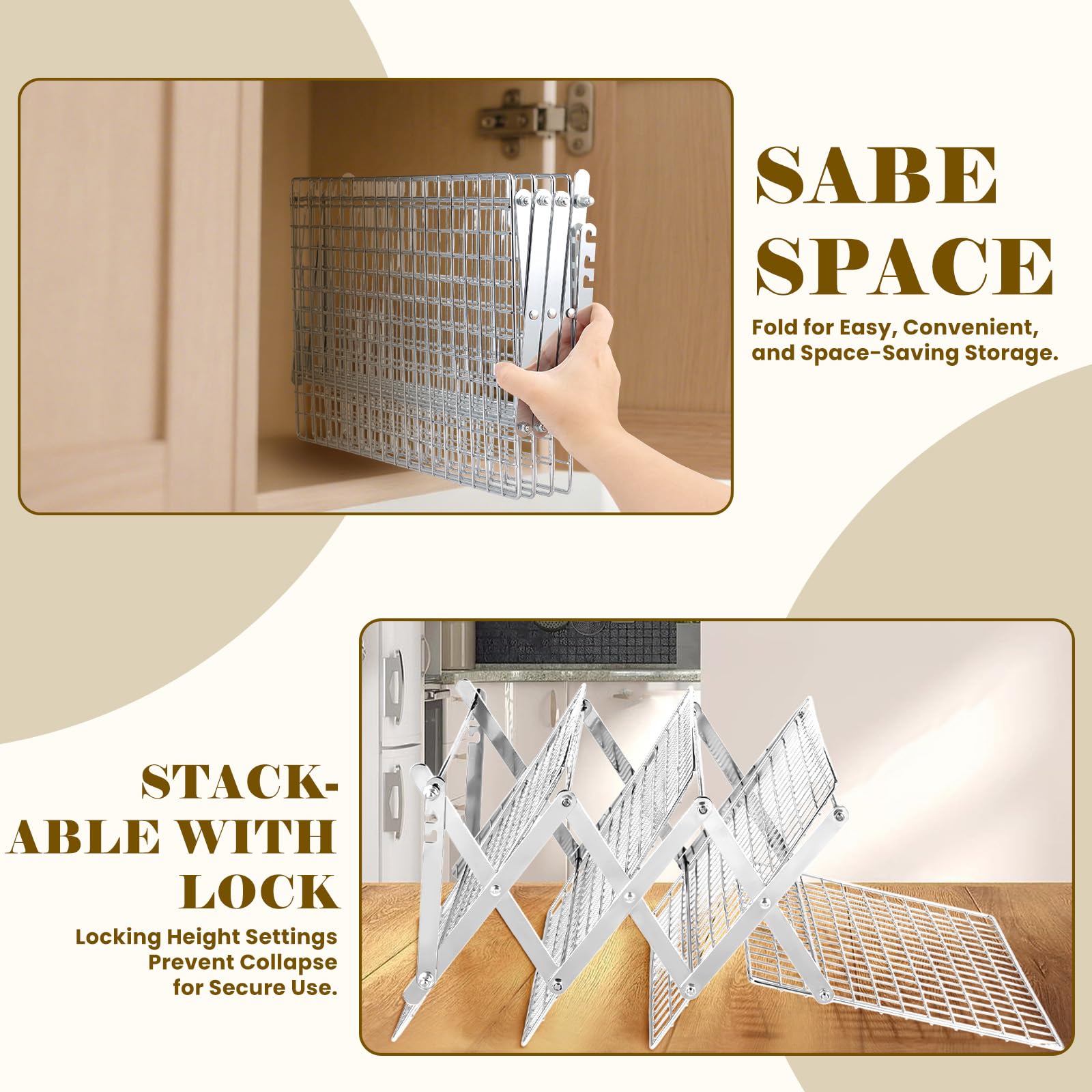 Grille de refroidissement pliable à 4 niveaux – Grille de cuisson réglable en acier inoxydable avec maille anti-fuite, structure en forme de X pour la cuisine et la pâtisserie, passe au lave-vaisselle