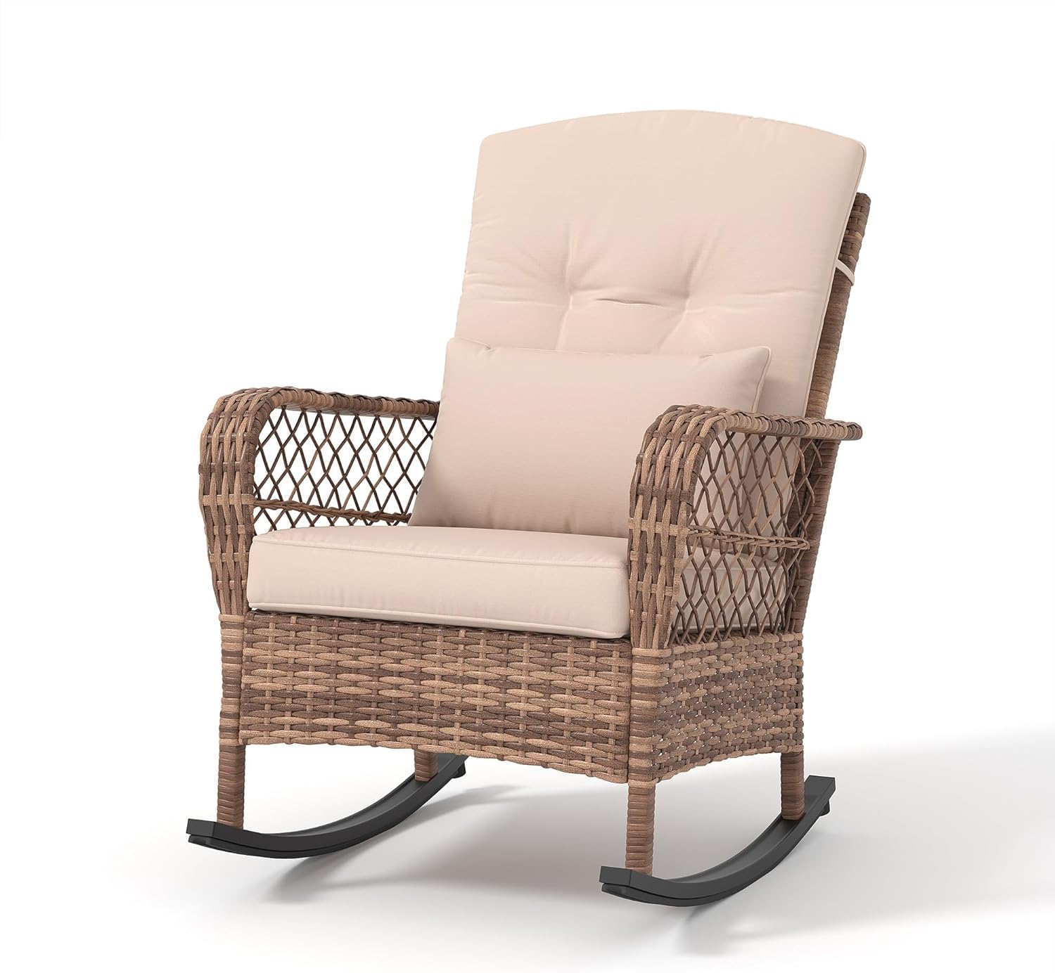 Aptliton 1 Piece Rattan Garden Furniture Set, Outdoor Rocking Chairs with Cushions & Pillows, Wicker Patio Bistro Set for Balcony Garden Poolside