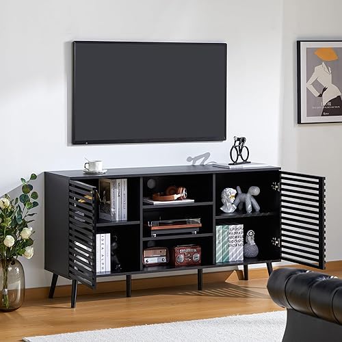 Miniatura 5 de Soporte de TV para TV de más de 55 pulgadas, centro de entretenimiento bohemio con armarios de almacenamiento, consola de TV moderna de mediados de