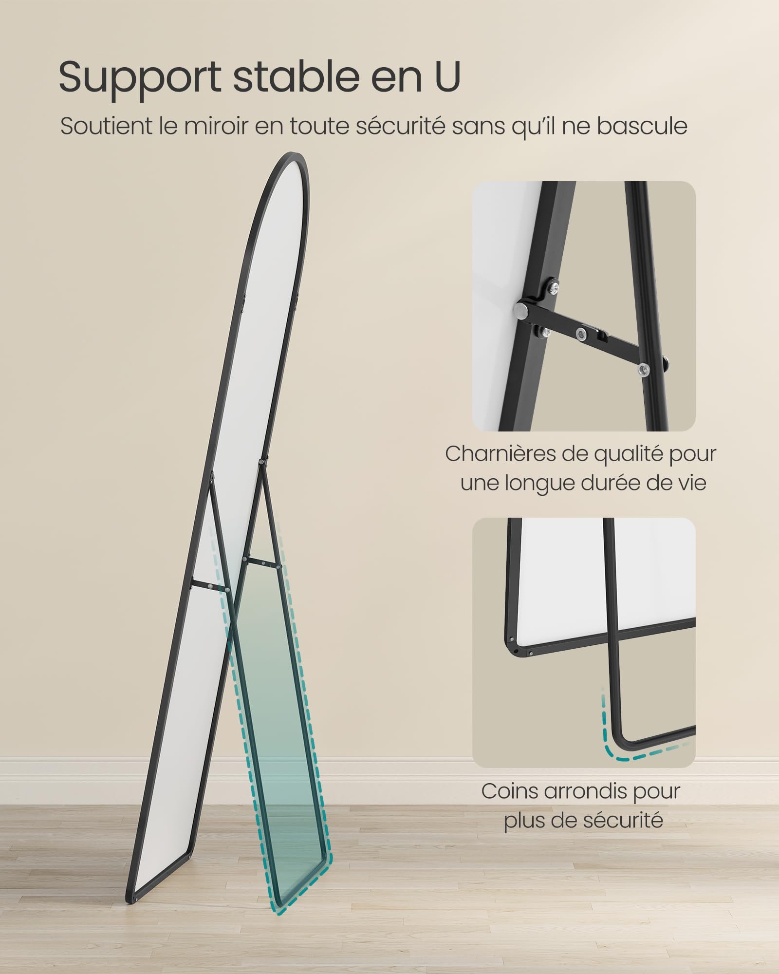 SONGMICS Miroir Intégral Arqué sur Pied 160 x 50 cm Cadre en Alliage d’Aluminium Verre Trempé Noir
