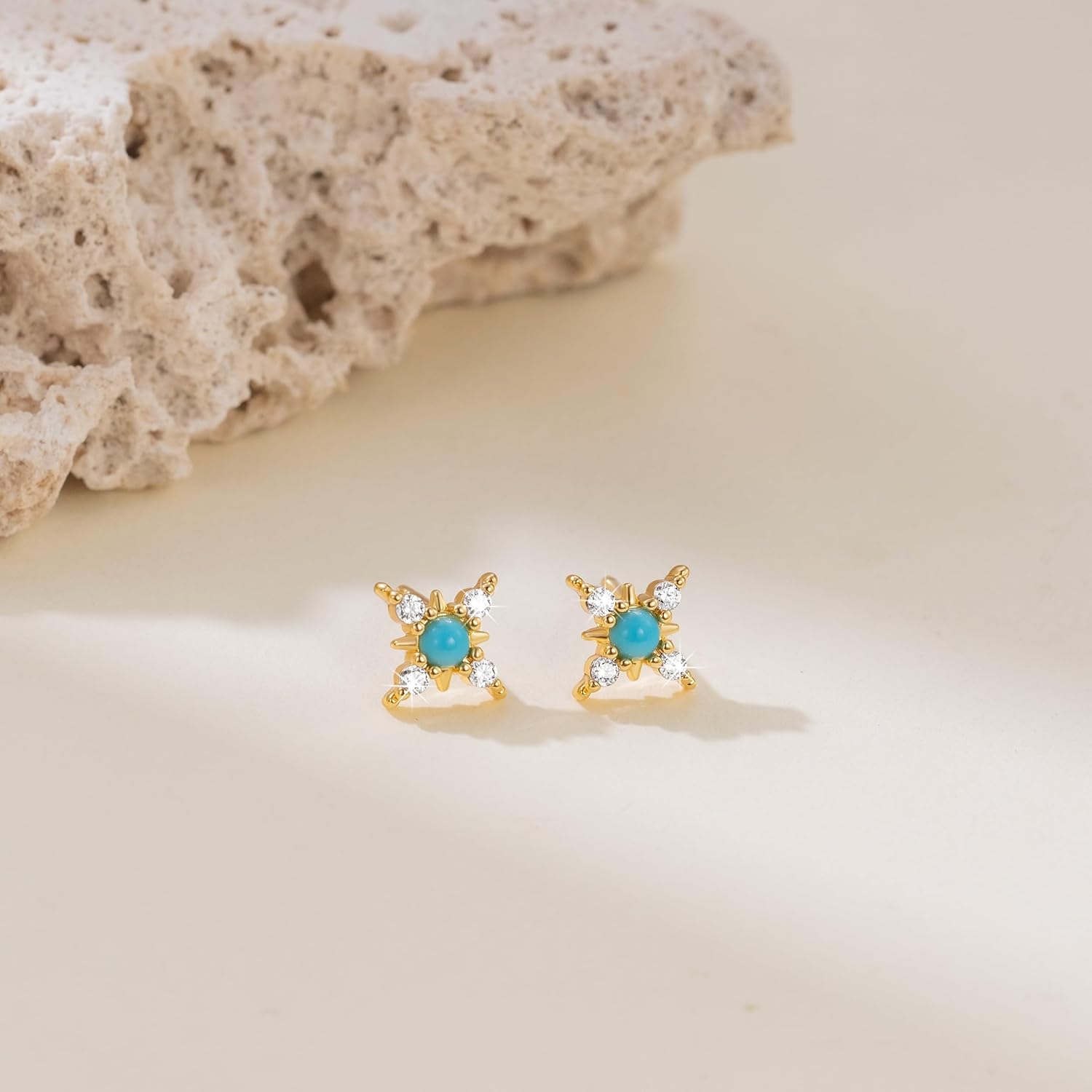 Gold Studs Earrings for Women 14K Gold Earrings for Women Studs Earring for womens Four-Pointed Star Inspired Shape with Cubic Zirconia Stud Earring for Womens 10mm - Image 6