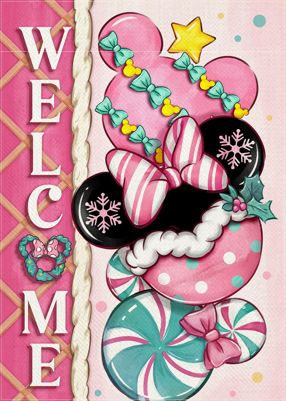 Covido Pink Christmas Cartoon Mouse Decorative Garden Flag, Xmas Peppermint Candy Wreath Yard Outside Decorations, Cute Holiday Burlap Outdoor Small Home Decor Double Sided 12 x 18