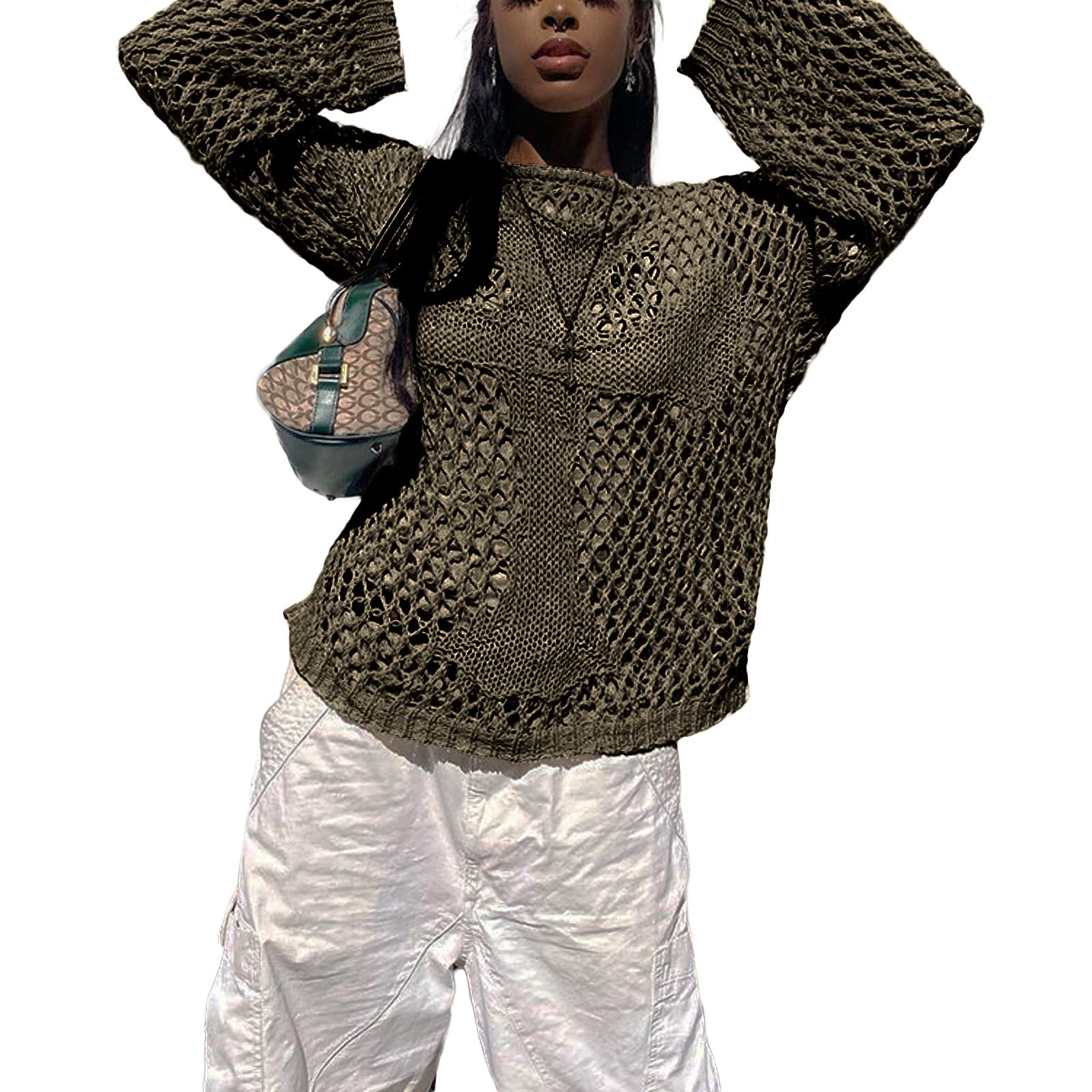 Women Hollow Out Oversized Sweater Long Sleeve Cross Printing Punk Sweaters Ripped Knitted Goth Top Streetwear Brown Cross-17A