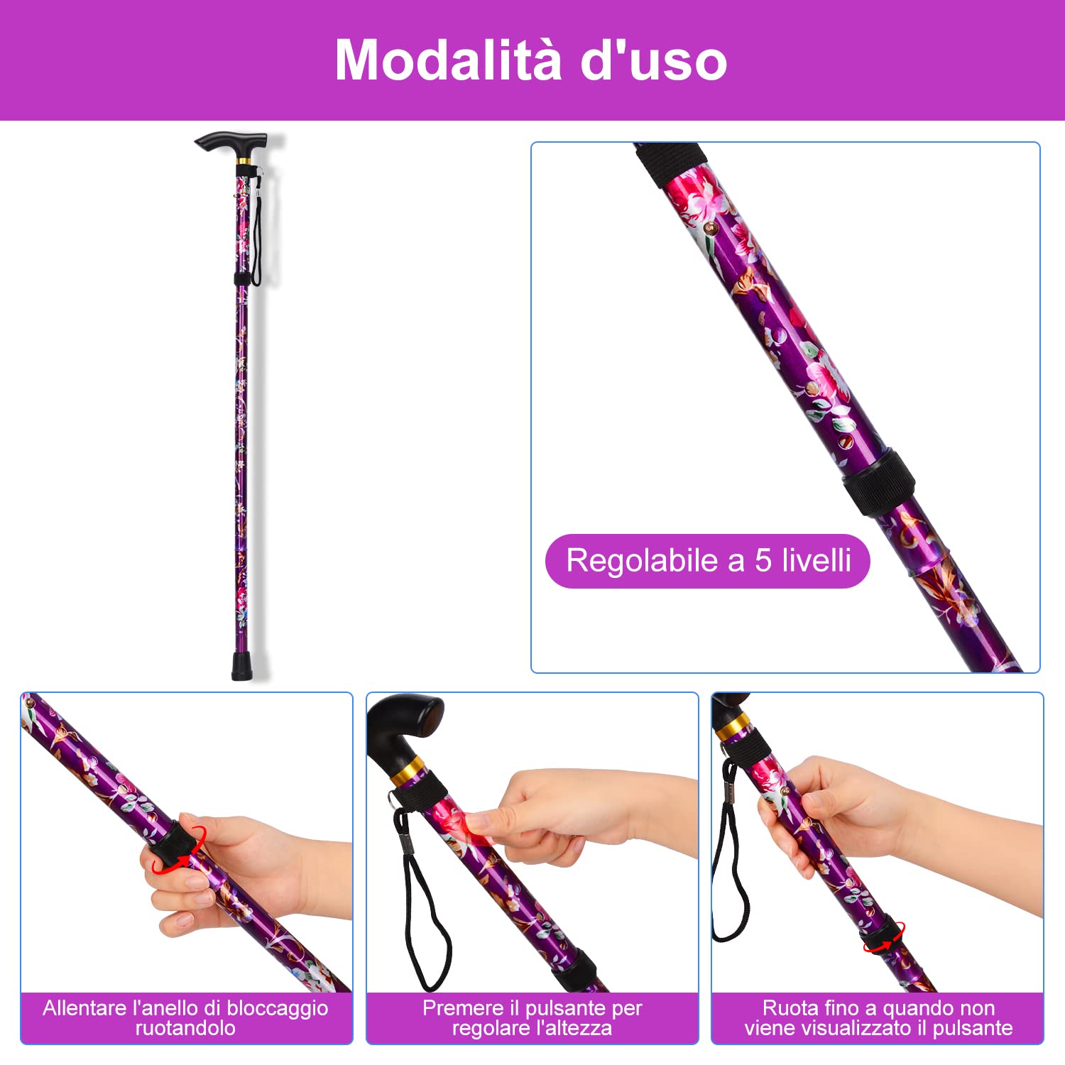 supregear Bastone Pieghevole, Regolabile per Anziani e Adulti, Ausilio per la Mobilità Uomo Donna, Portatile da Viaggio con Cinturino da Polso e Manico a T - 3