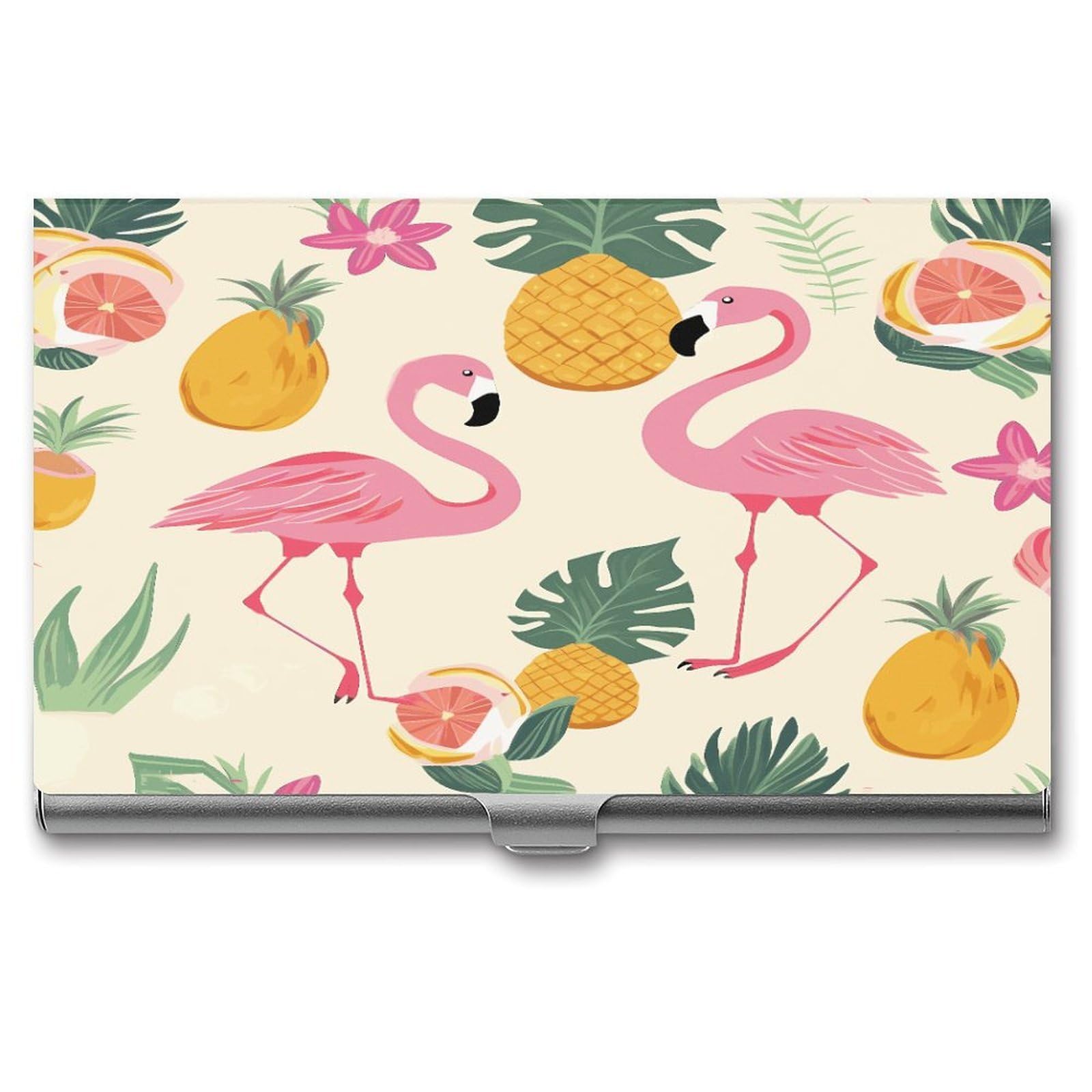 JTREHY Flamingos And Pineapples Business Card Holder Slim Purse Name Card Holder Portable Metal Business Card Case Wallet Large Capacity Lightweight Business Card Case for Men Women