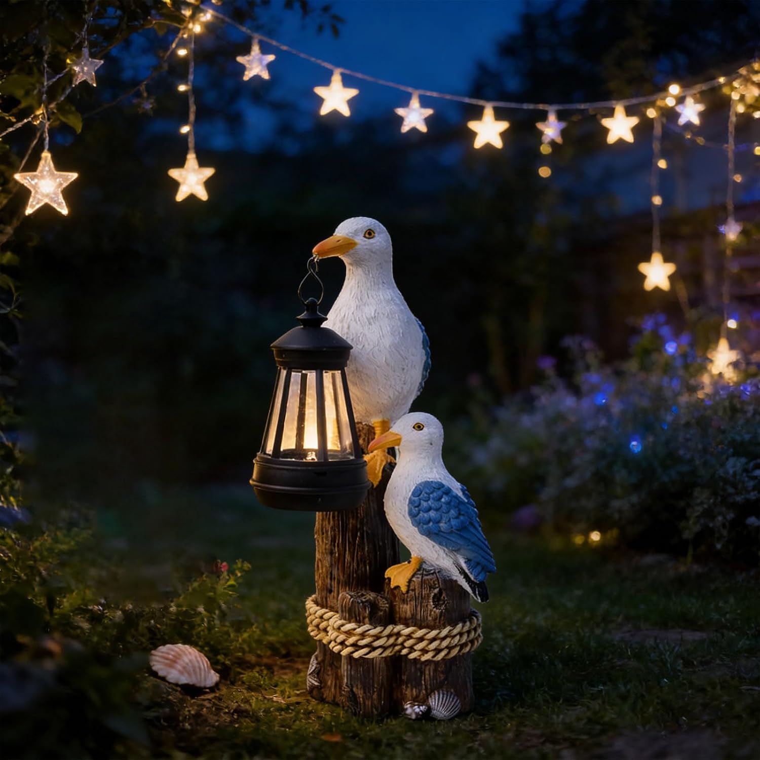 Garden Statue Outdoor, Solar Seabird Statues with Lantern, Resin Figurine Lights Outdoor Waterproof, Outside Decor Sculpture for Patio Yard Lawn Walkway, Ideal Gifts for Mom Grandma Women (Seabird-B)