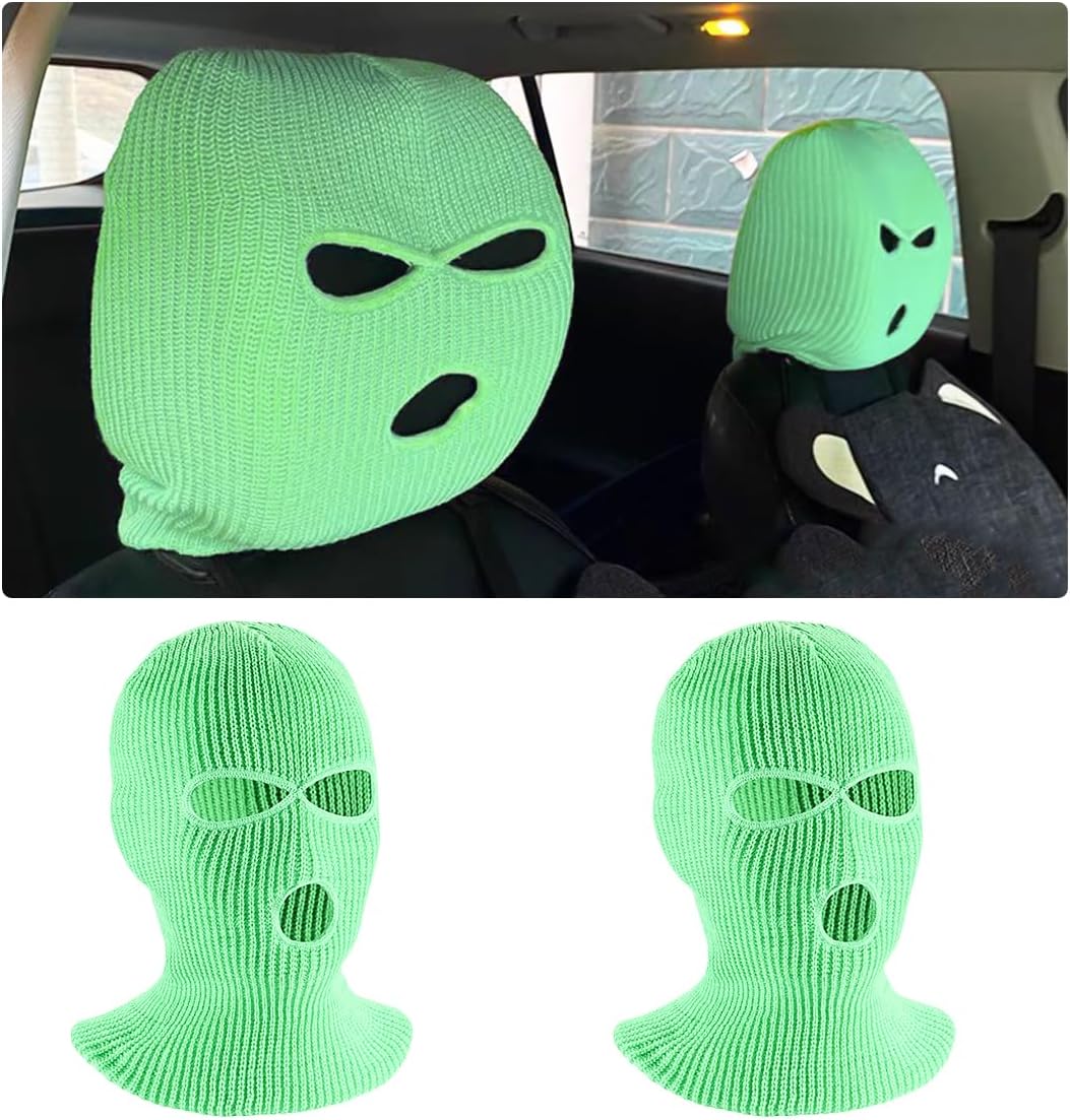 2 PCS Car Headrest Cover, Personalized Funny 3 Hole Auto Seat Full Face Mask Headcover, Ski Mask Wrap Protection for Front Seat Head Rest Decoration, Car Accessories (Flourescence Green)