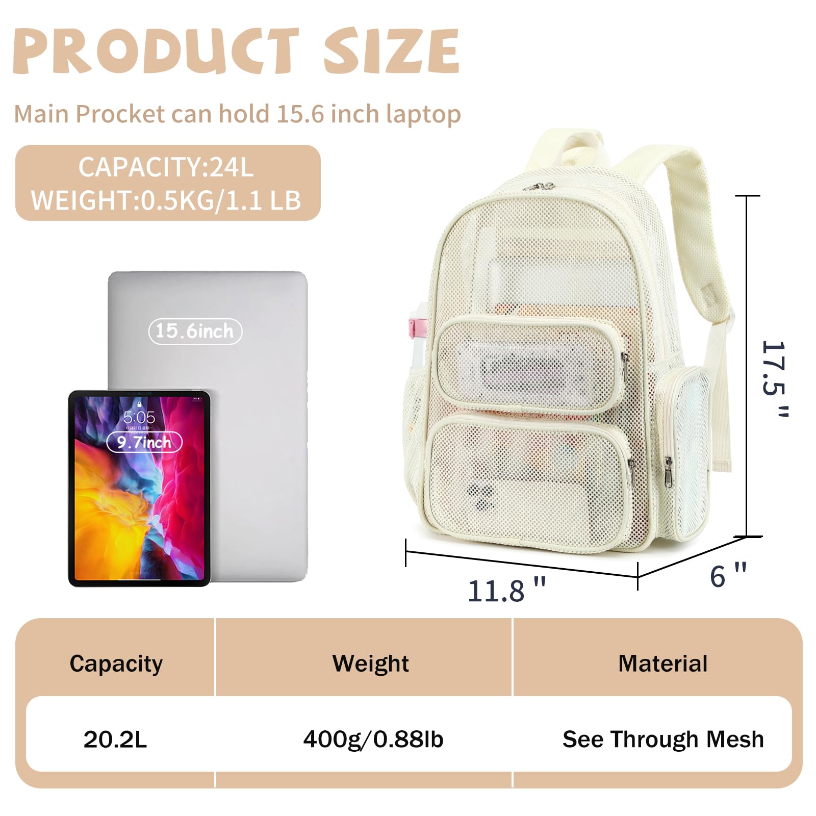 CAMTOP Mesh Backpack for Kids Girls Semi-TransparentSee Through Sturdy School Bookbag Casual Daypack for Beach Swim Work Gym