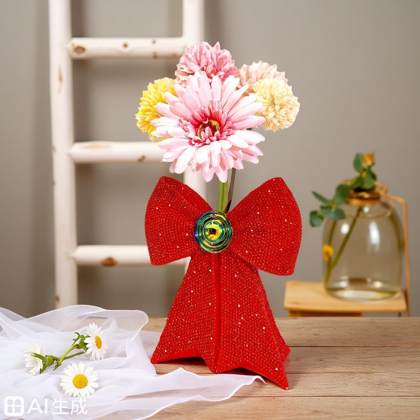 Red Bow Glitter Vase – 3-in-1 Flower Planter, Makeup Brush Holder & Desk Decor for Vanity, Bedroom or Gift