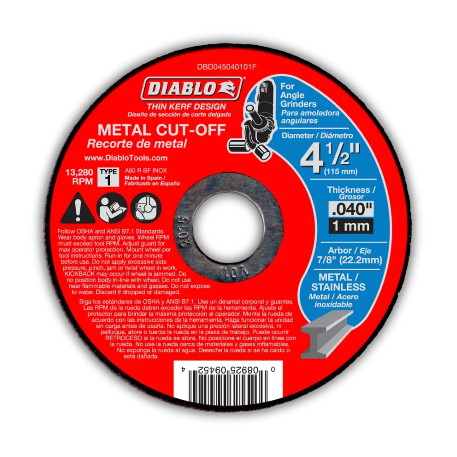 Diablo Metalowe tarcze tnące z cienkimi szczelinami - średnica 4-1/5.1 cm, trzpień 7/20.3 cm, piasta typu 1, grubość 0,1 cm, maks. 13280 obr./min, 15-pak - DBD045040115F