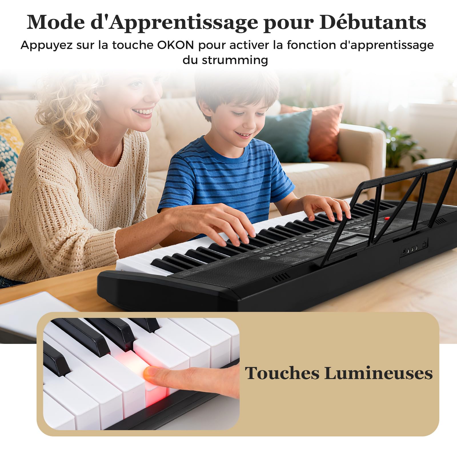 COSTWAY Piano Numérique 61 Touches avec Casque Pupitre Microphone, Clavier Piano avec 2 Haut-Parleurs, Touches Lumineuses, Mode d'apprentissage, 200 Sons 200 Rythmes 70 Démo pour Débutants