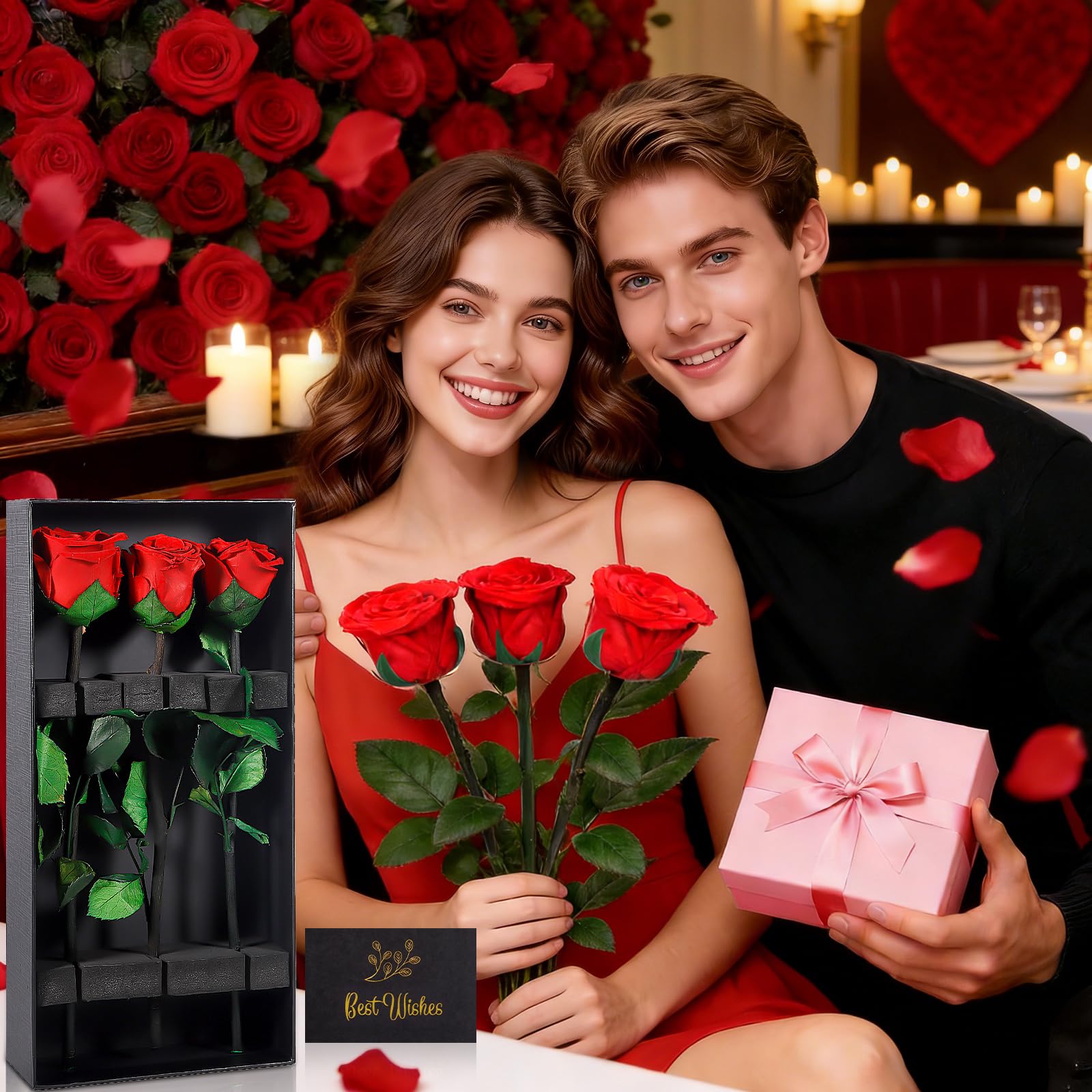 Rosa Stabilizzata, Rosa Eterna con Steli Regalo per Donna, 3 Veri Fiori Stabilizzati, Rosa Rossa per Madre, Moglie, Amica, Donne, Compleanno, San Valentino, Festa Della Mamma, Regalo Natale