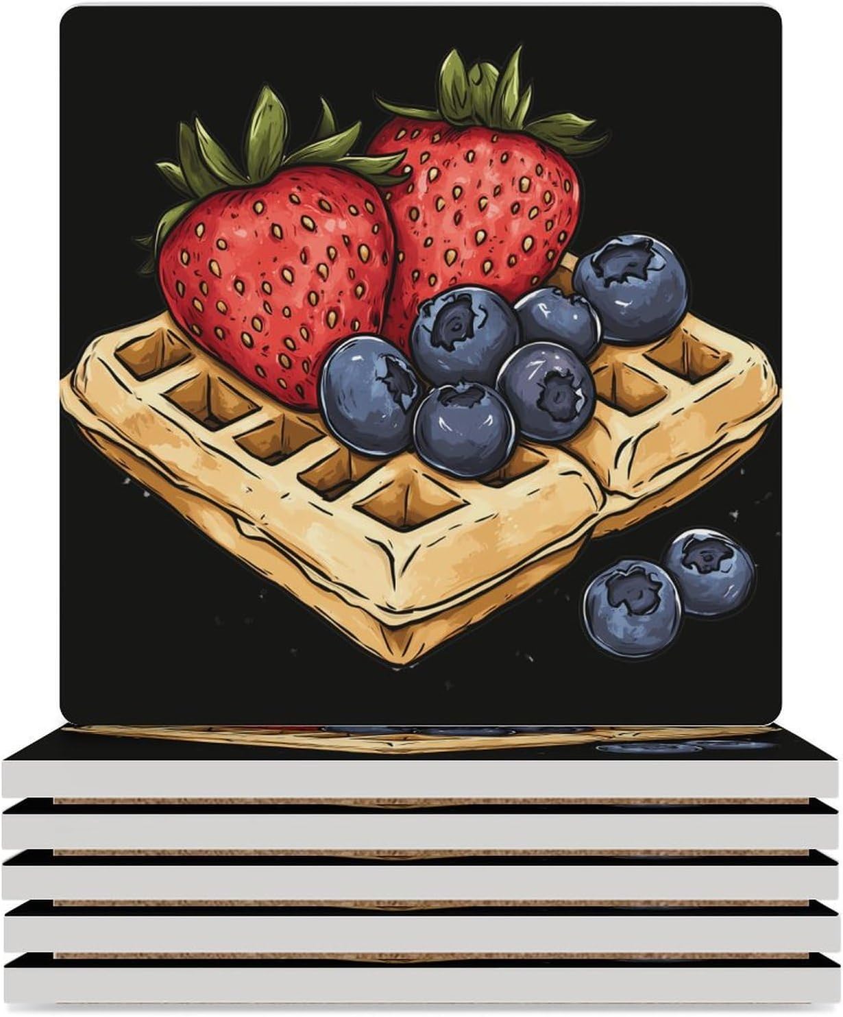 Stawberry Strawberries Sweet Food Ceramic Coasters Set Square Drink Coasters Table Coaster for Kitchen Desktop Decor
