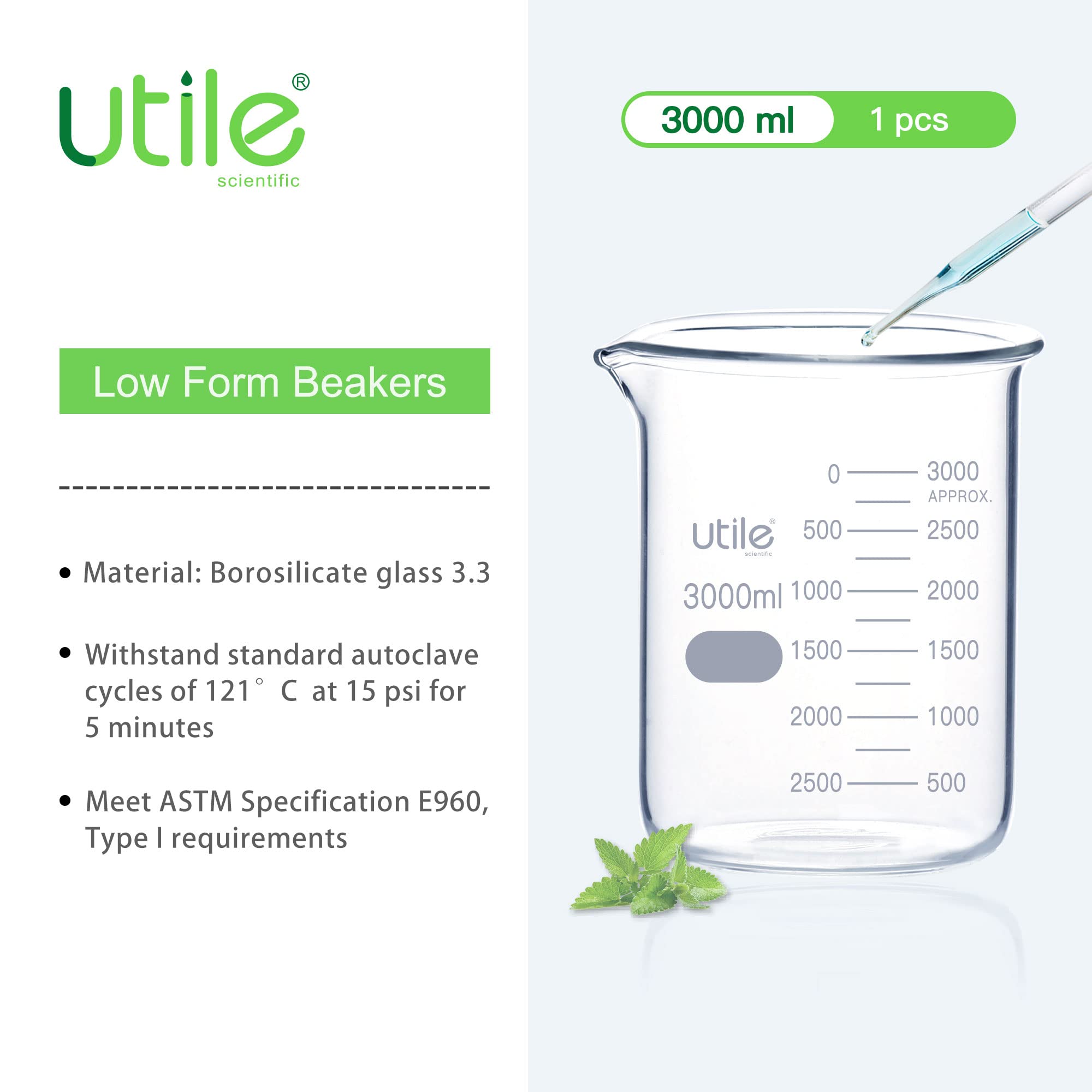 Utile Becher in vetro a bassa forma da 3000 ml, vetro borosilicato 3,3 con graduazione stampata, 4000.3000.1