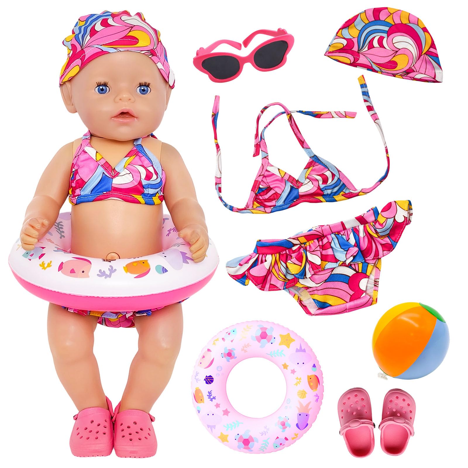 Atomvia Baby Doll Clothes Swimsuit Set for 14-18 Inch / 35-45cm Dolls, Summer Doll Outfit Bikini Style with Waist Swim Ring Beach Ball Sunglasses Slippers Accessories Gift for Girls