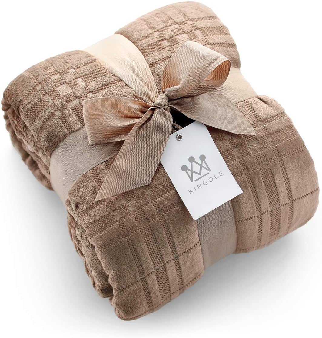 Kingole Flannel Fleece Microfiber Throw Blanket, Luxury Caramel Grid Pattern Twin Size Lightweight Cozy Couch Bed Super Soft and Warm Plush Solid Color 350GSM (66 x 90 inches)