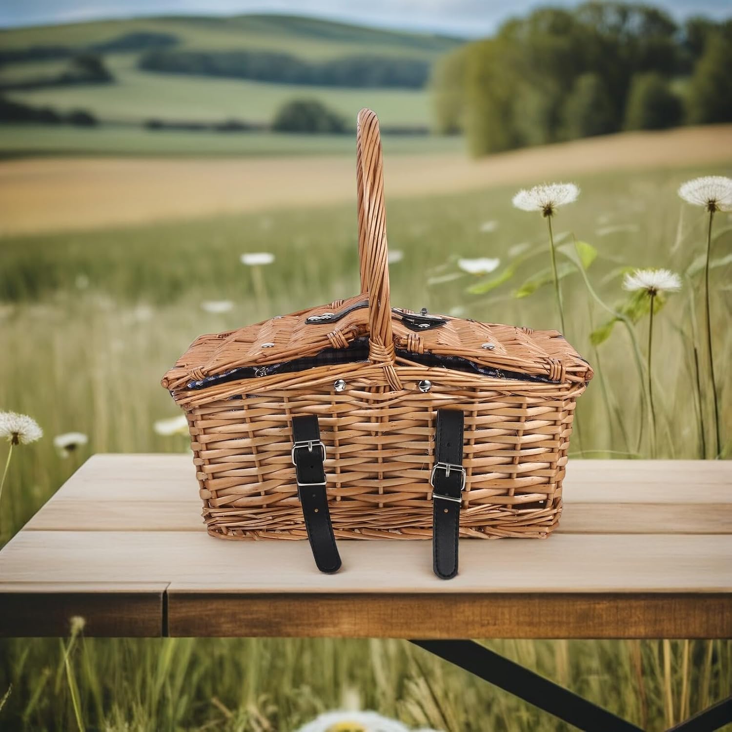 MAGICLULU Wicker Picnic Basket with Lid and Handle Small Rattan Basket for Outdoor Picnic Fruit Storage with Light Natural Weave