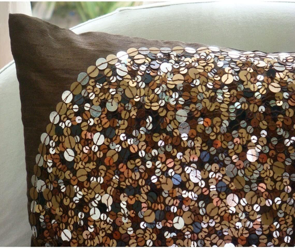 The HomeCentric Euro Sham Cover, Decorative Dark Brown Euro Shams 26x26 inch (65x65 cm) Silk Euro Size Pillow Shams, Circles & Dots, Sequins Embellished, Eclectic European Sham - Brown Eye Sparkle
