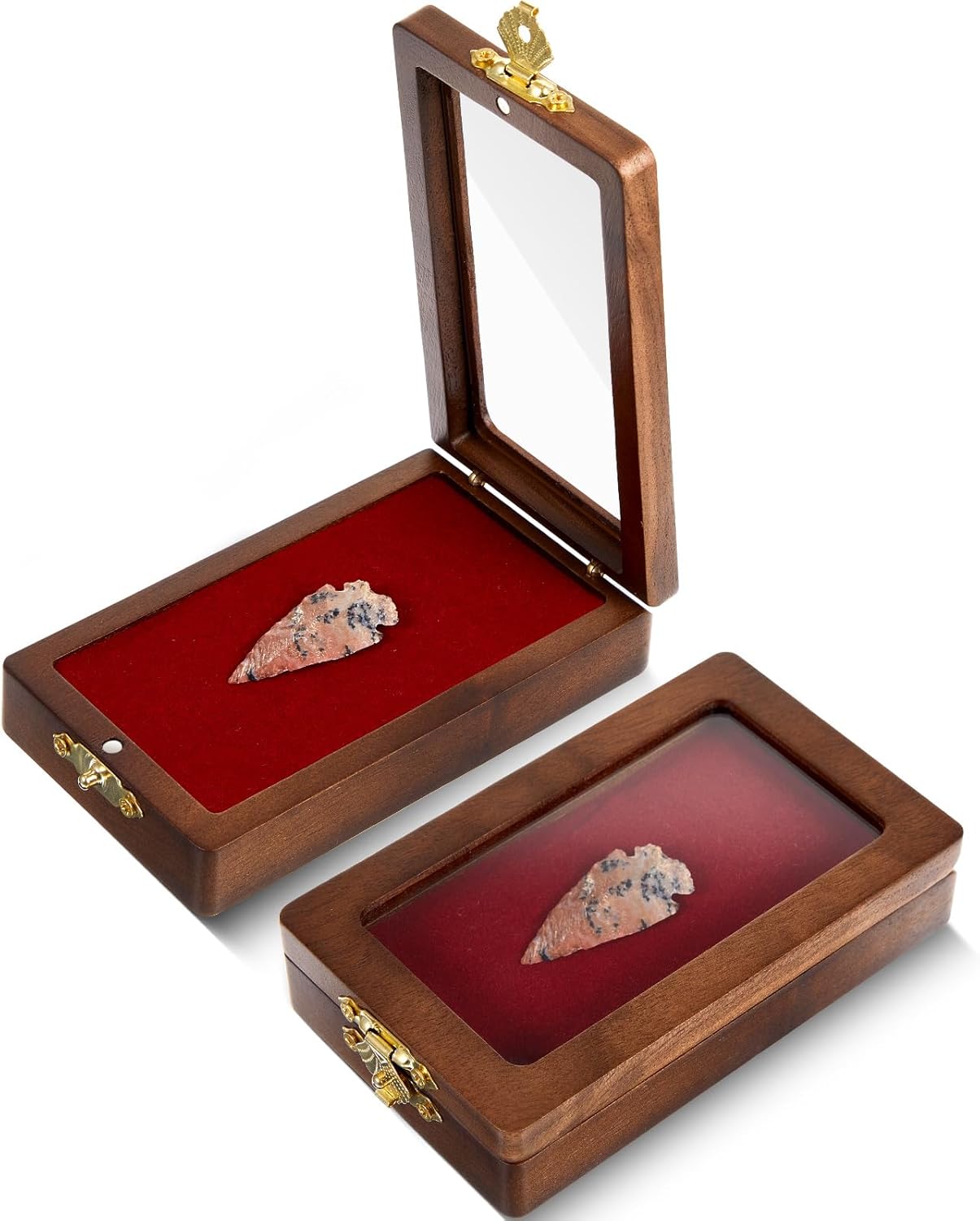 LemonRoad 4 Pcs Arrowhead Display Case American Small Arrowhead Display Box, Wood Shadow Case Cabinet for Gift, Collectibles, Coin, Knives, Arrows, Pins, Medals, Spears, Crystal Stones (Red Sponge)
