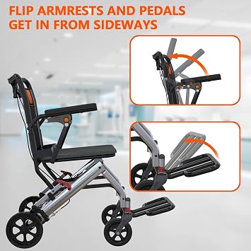 Lightweight Foldable Transport Wheelchair, Portable Travel Transit Wheel Chair with Flip-Up Armrests & Footrests, Dual Hand Brakes, Breathable Cushion, Compact Folding Wheelchair for Seniors