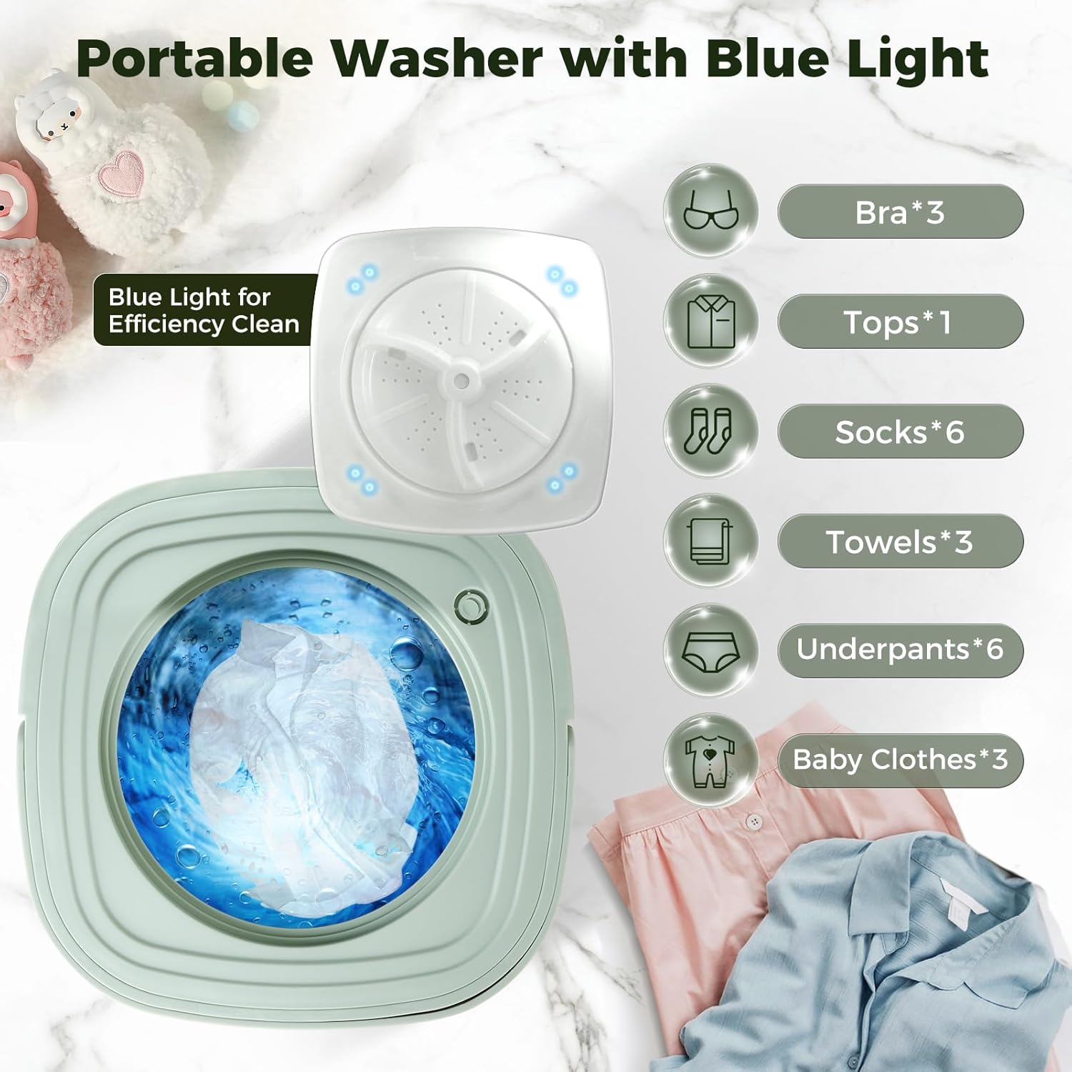 Portable Washing Machine, 8L Mini Washing Machine with 3 Modes Timing Cleaning, Portable Washer with Soft Spin and Draining for Socks, Baby Clothes, Towels and Small Items, Green