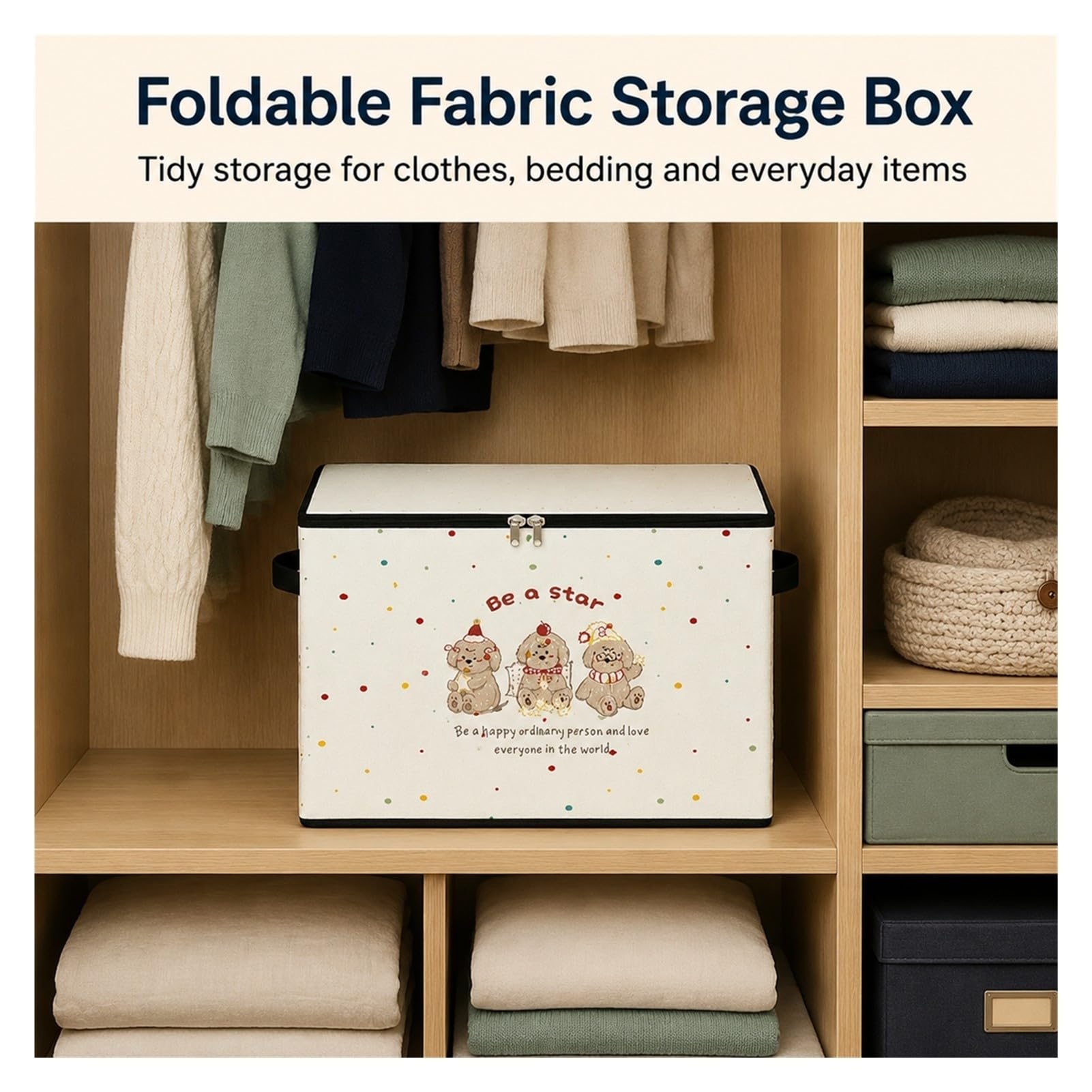 Caja de almacenamiento plegable de tela no tejida con tapa y doble cremallera, asas laterales para ropa, mantas, juguetes y armario de dormitorio y hogar(Small)